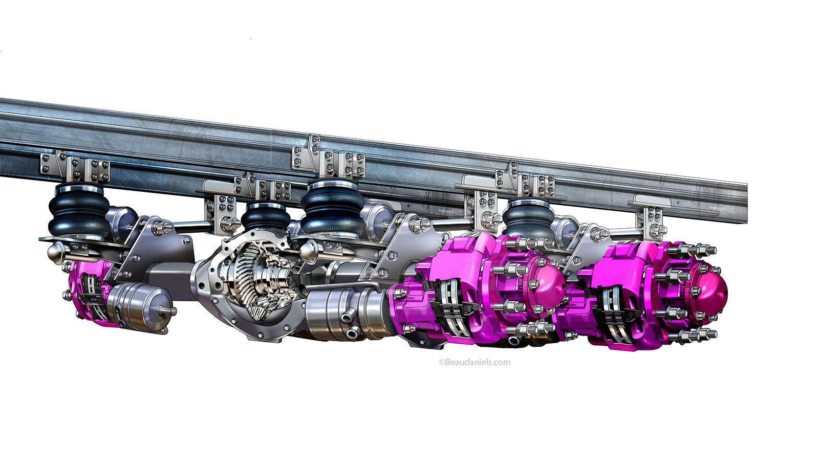 Rear axels and differential unit, differential is cutaway to show the insides.