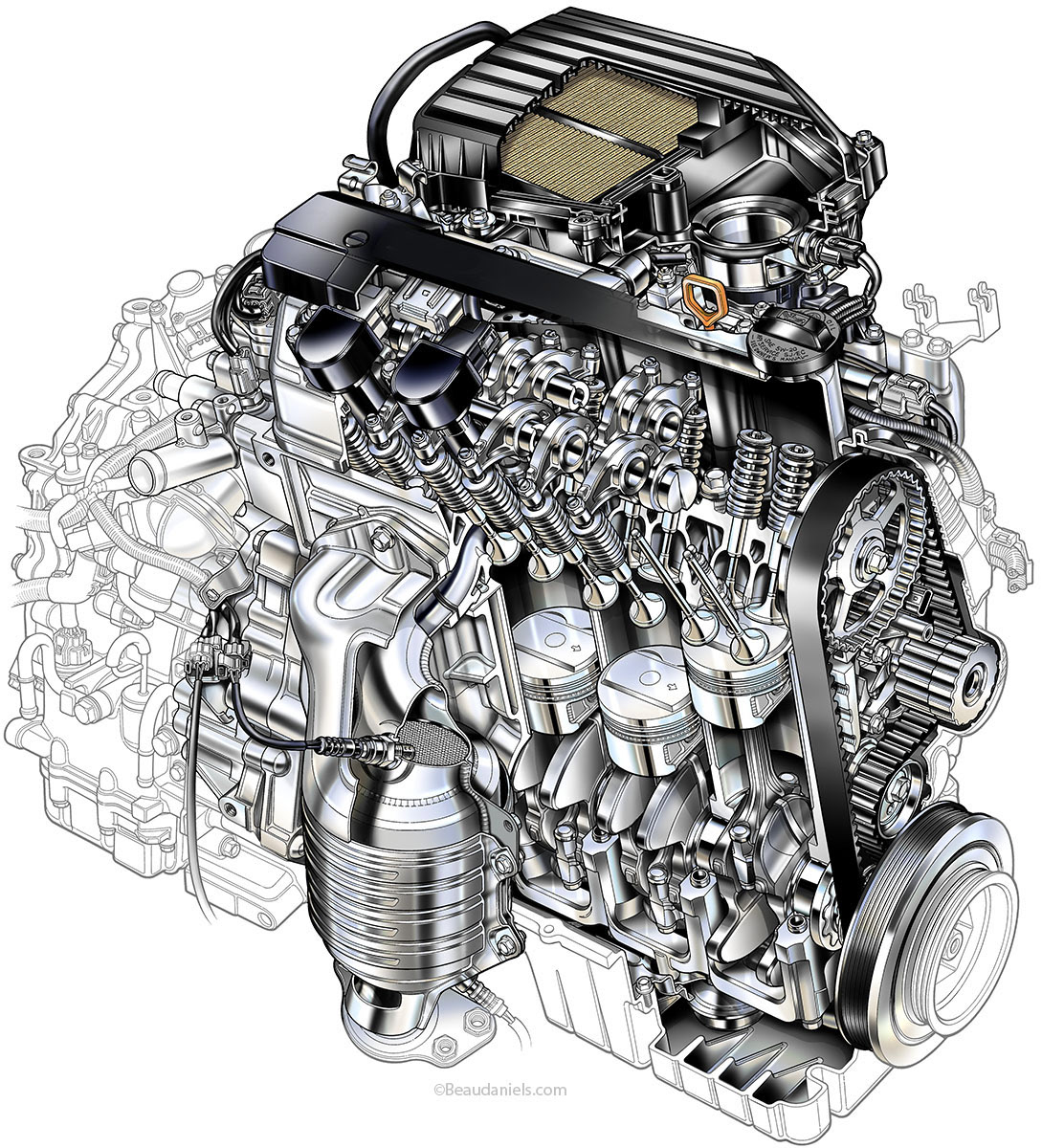Honda Civic-VTEC-E-cutaway engine illustration.