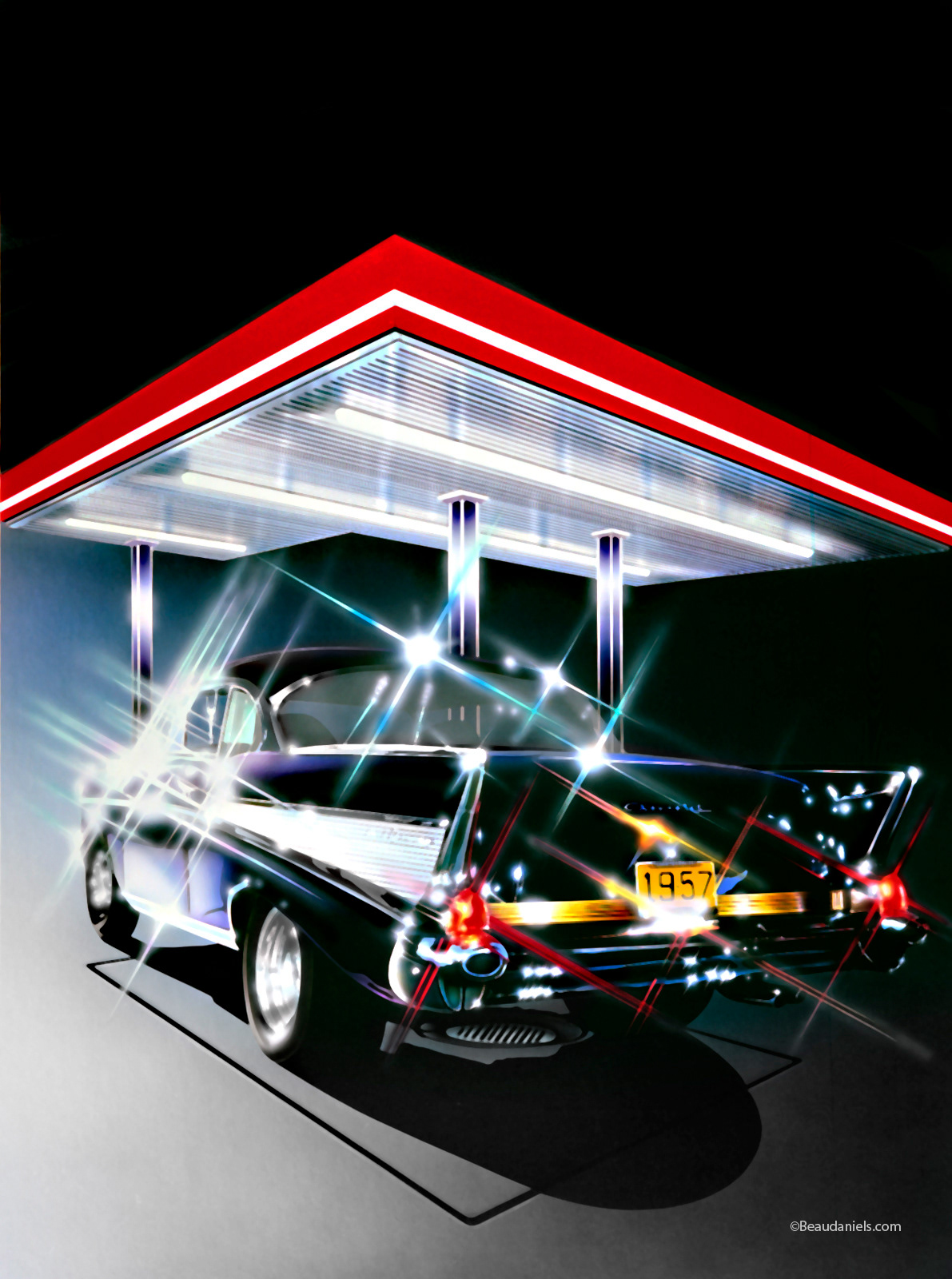 1957 Chevrolet Bel Air , airbrush painting on board. 