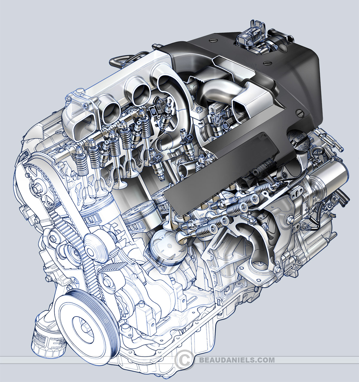 cutaway car engine