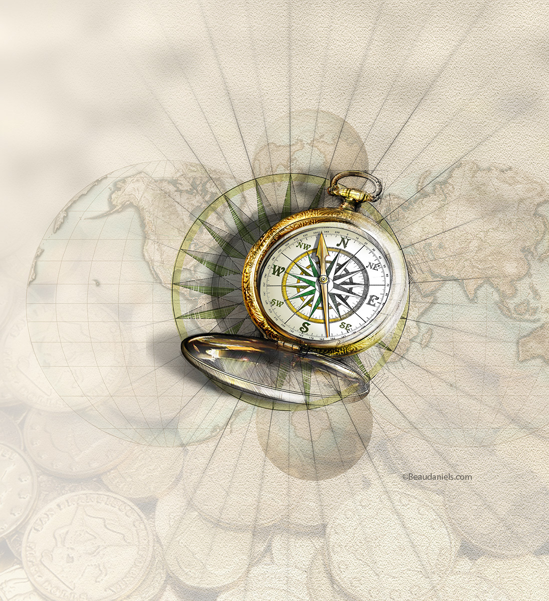Compass on world.