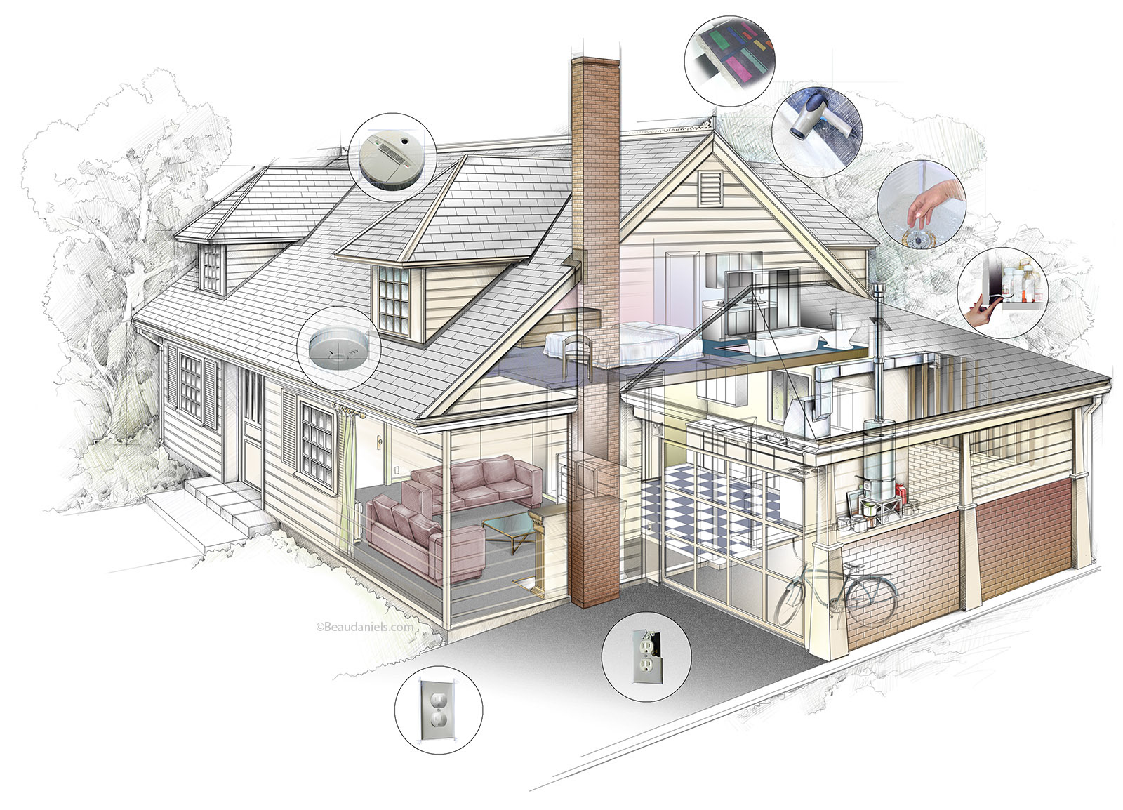 Cutaway house showing safety features.