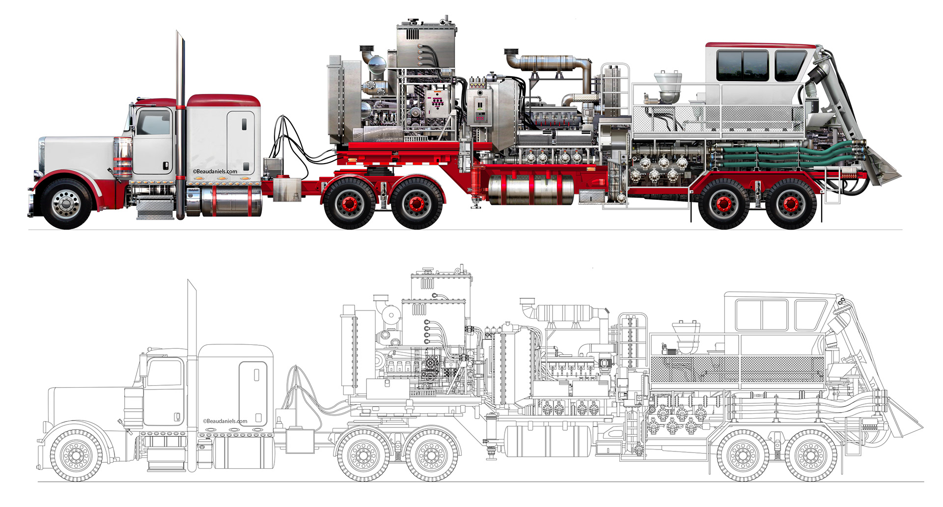 Blender truck, final photoshop illustration and the illustrator line art that we created.