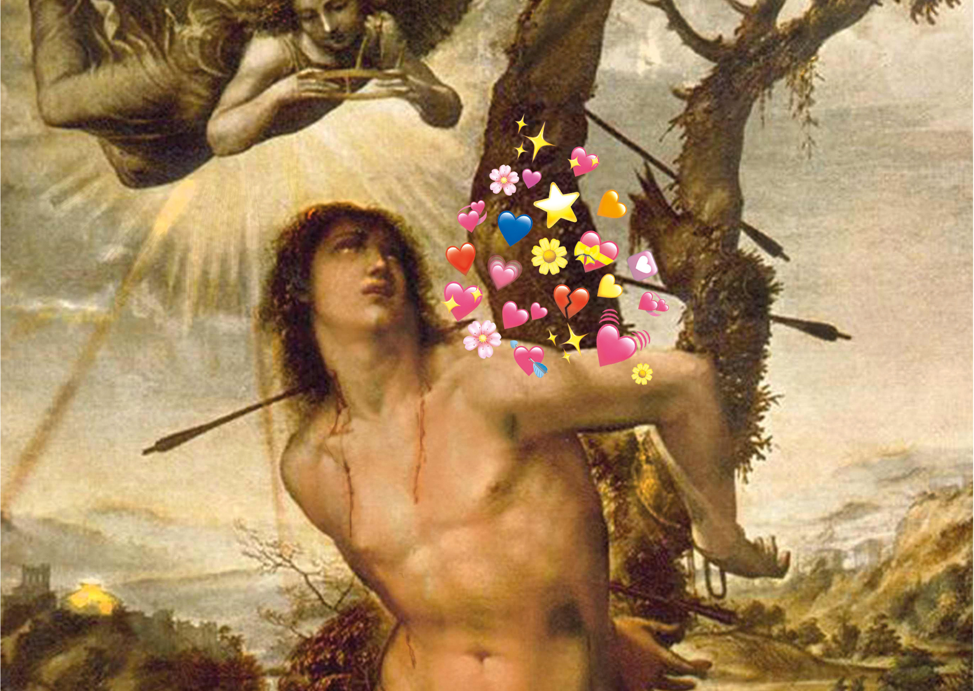 a graphic of il sodoma's painting of saint sebastian, digitally collaged with hearts.
