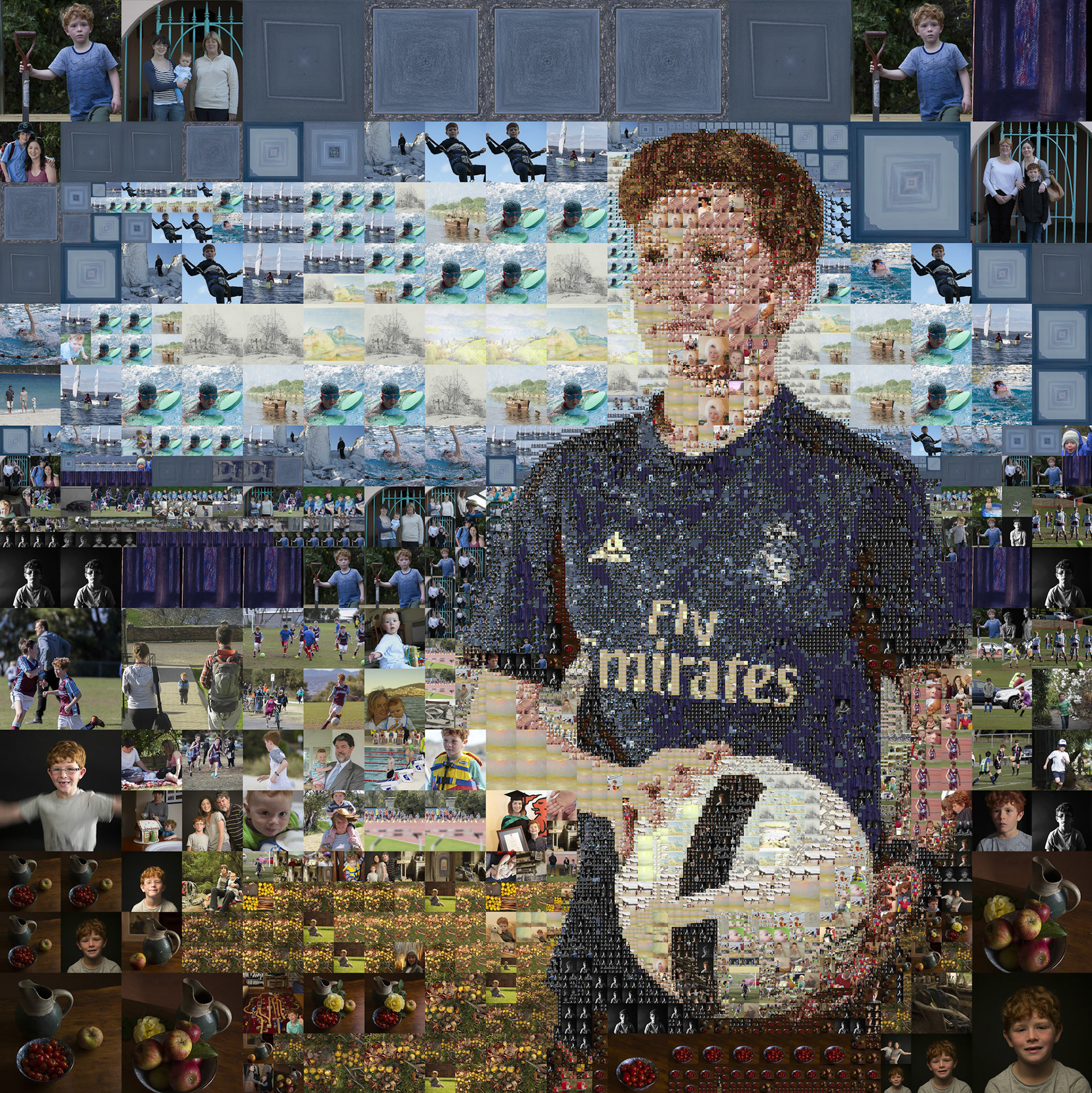 CONOR JONATHON REES, 2010 - Born Hobart, TasmaniaGrandson of Jonathon. Image based on portrait of Conor with Maria Island in the background. Mosaic images sourced from my collection of: • 28 images of Conor’s great-great grandfather’s work,• 62 images of Conor’s grandfather’s work, and• 600 family photographs.Inkjet print on Ilford Galerie Textured cotton rag. Image 100 cm x 100 cm.