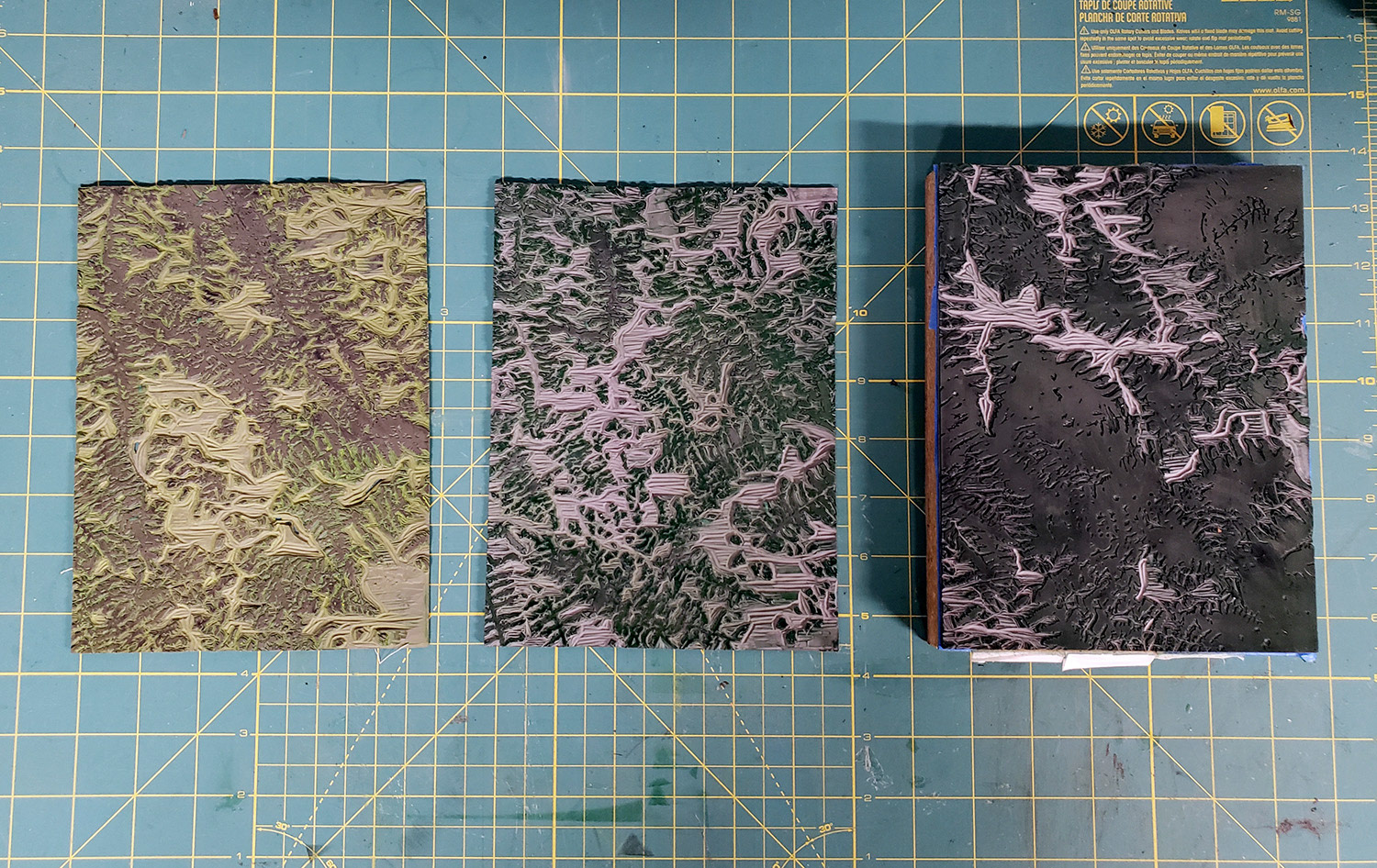 The carved blocks after printing.