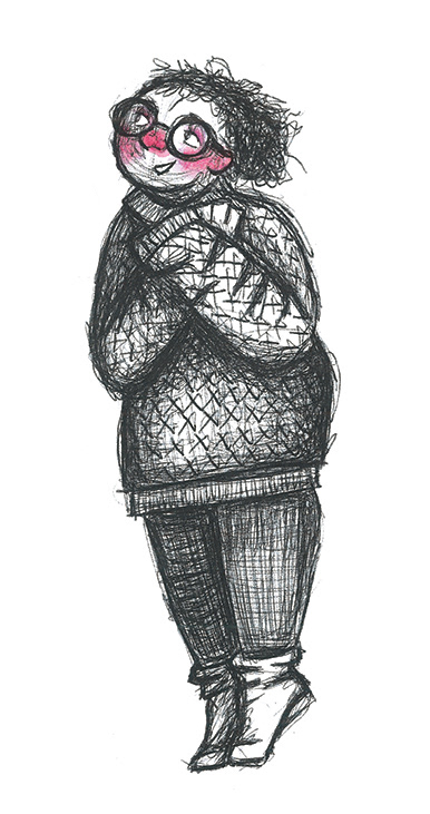 Black biro and pink watercolour Illustration, with digital editing. Cinderella wistfully clutches a letter to her chest. Standing on her tiptoes, with her arms across her front, she looks up to the left, with a daydreaming smile. She is wearing thick socks that roll around her ankles, leggings, and a large, chunky, knitted jumper. Her hair curls and frizzes in a collapsed bun, and her round glasses dominate her face.