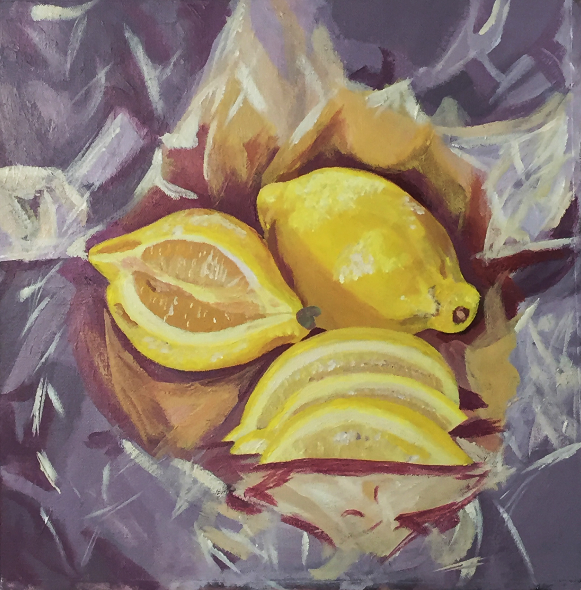 Still life painting of lemons on tin foil. The painting was done in acrylic paint and I used a yellow/purple color scheme. (2018)