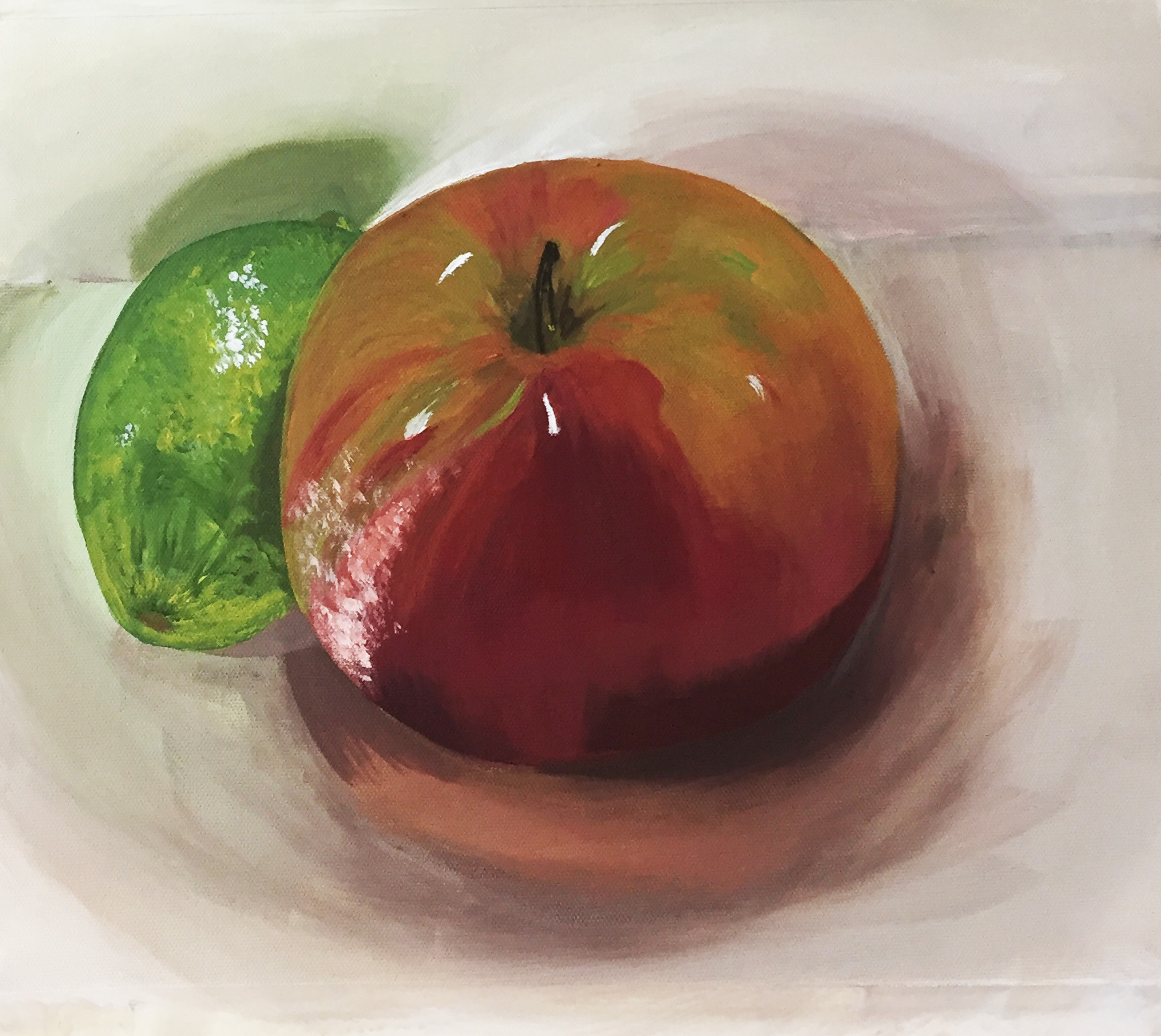 Still Life painting of an apple and lime. The painting was all done in acrylic paint using a red/green color scheme. (2018)