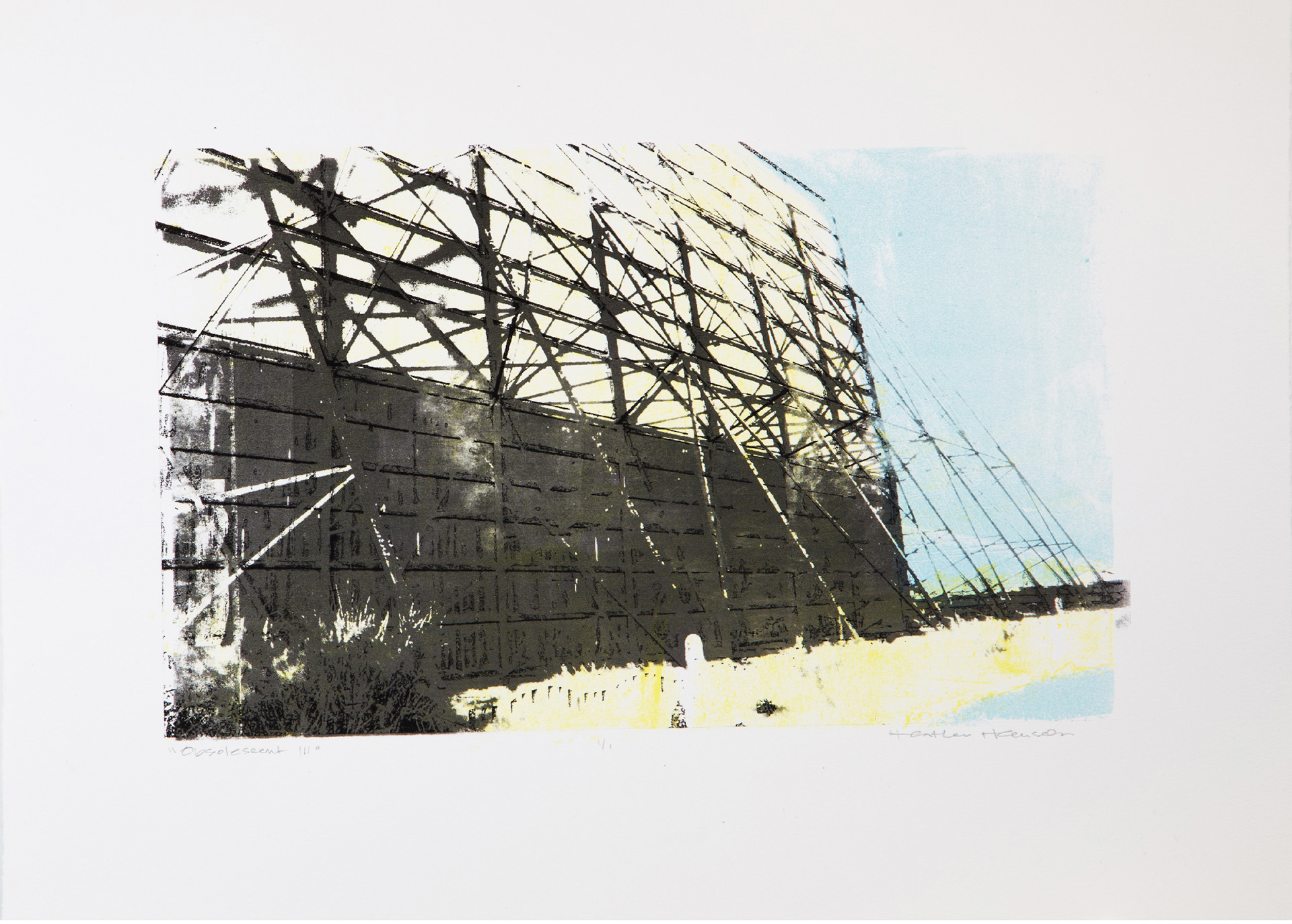Obsolescent III (2018), 4 color stone and photo lithograph with screenprint, No.1 of 1. Individually pulled, Hanco and Graphic Chemical lithography ink and BFK Rives 280 gsm printmaking paper (15 inches by 18 inches).