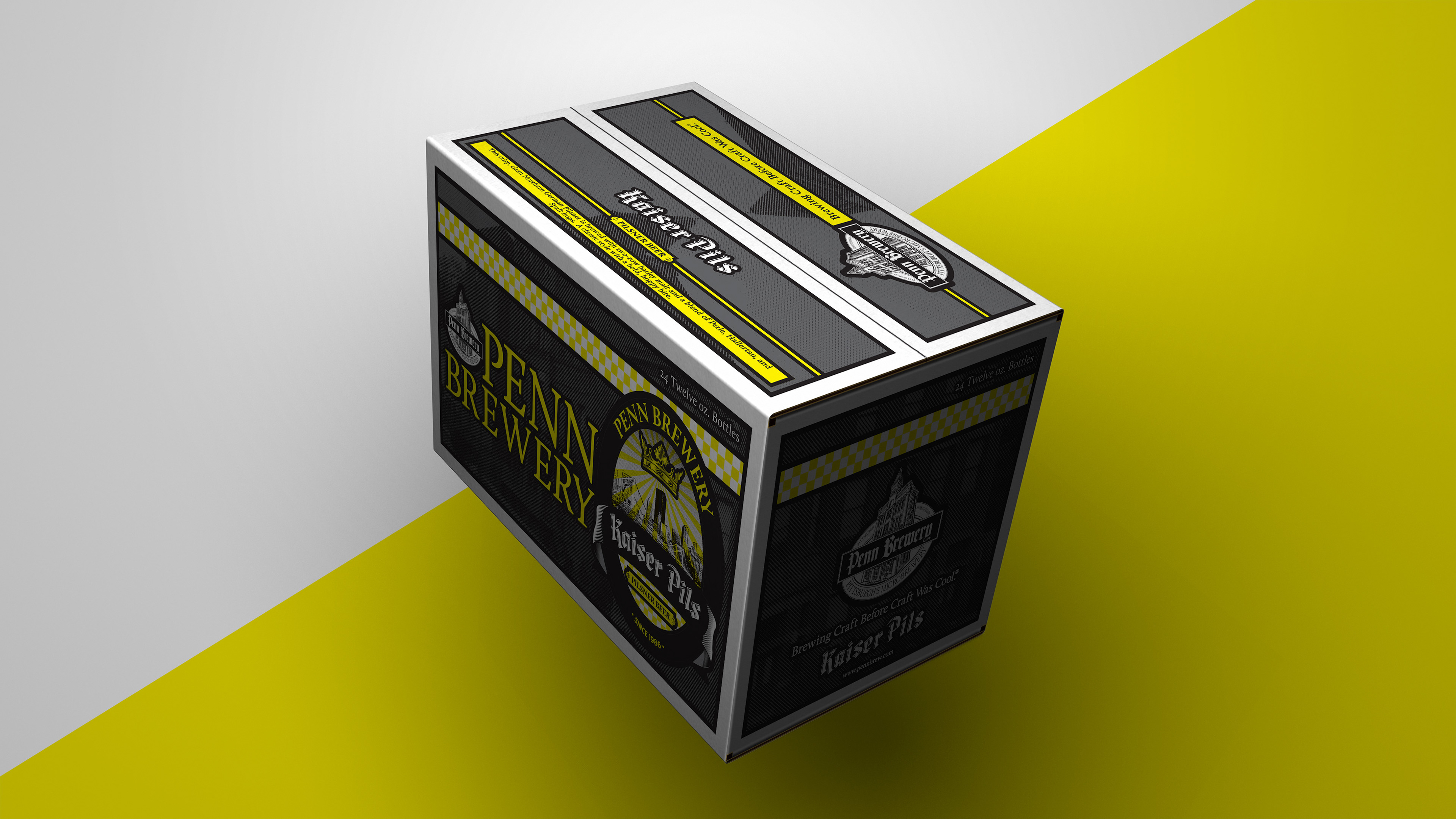Photoshop 3D Rendering of Penn Brewery's, Kaiser Pils 24 pack corrugated case designed by Andrew Thompson