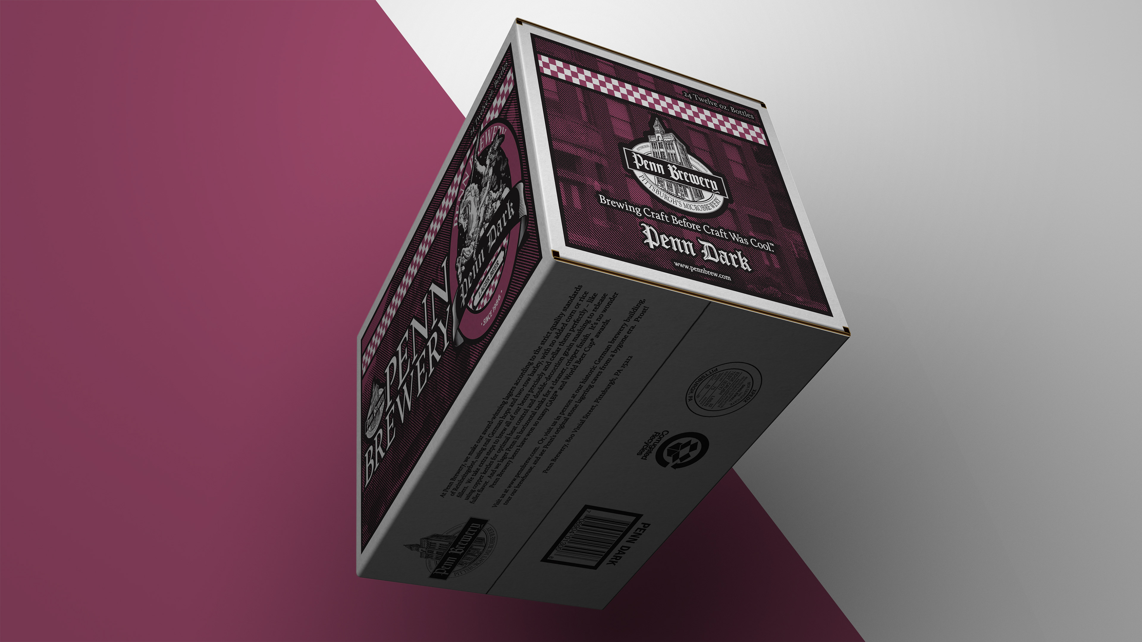 Photoshop 3D Rendering of Penn Brewery's, Penn Dark 24 pack corrugated case designed by Andrew Thompson