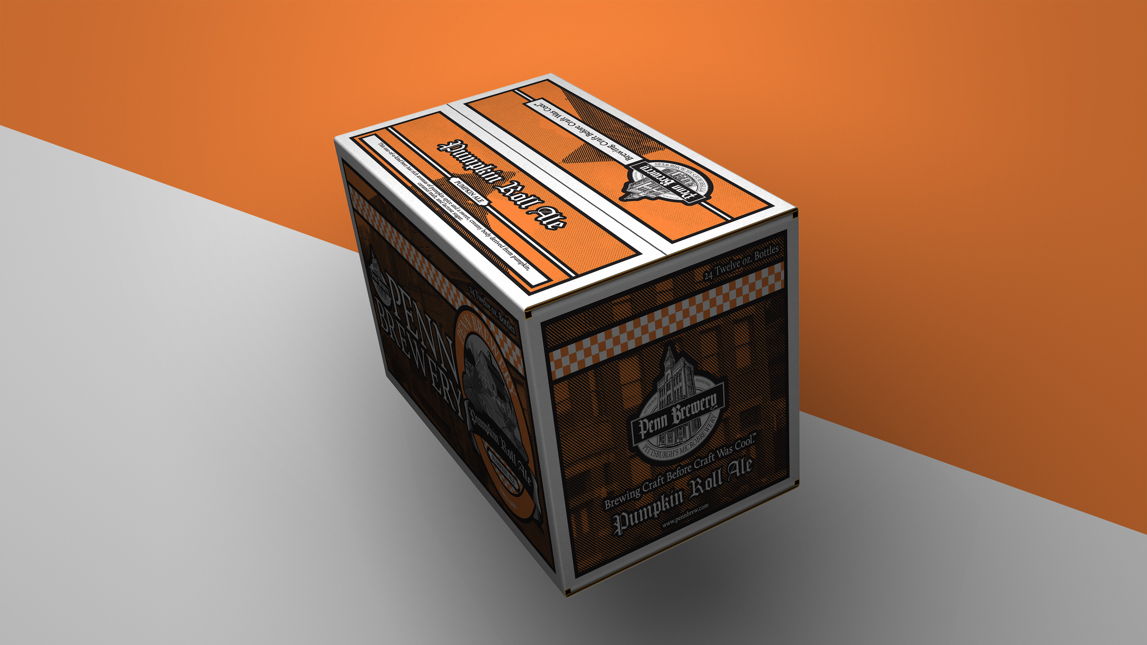 Photoshop 3D Rendering of Penn Brewery's, Pumpkin Roll Ale 24 pack corrugated case designed by Andrew Thompson