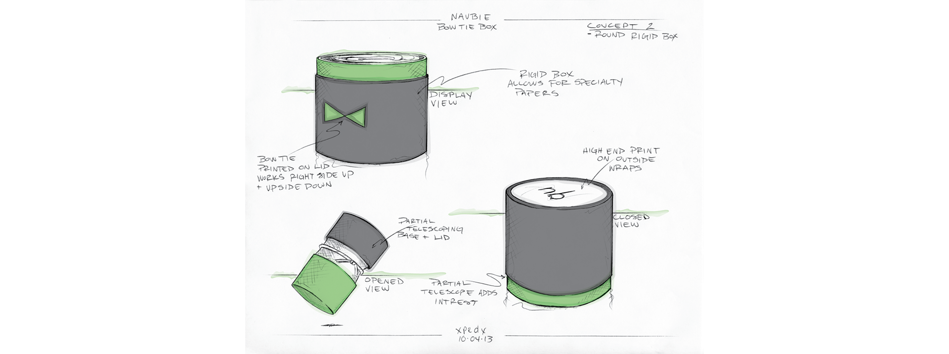 Concept sketches for Naubie's bow tie packaging designed by Andrew Thompson