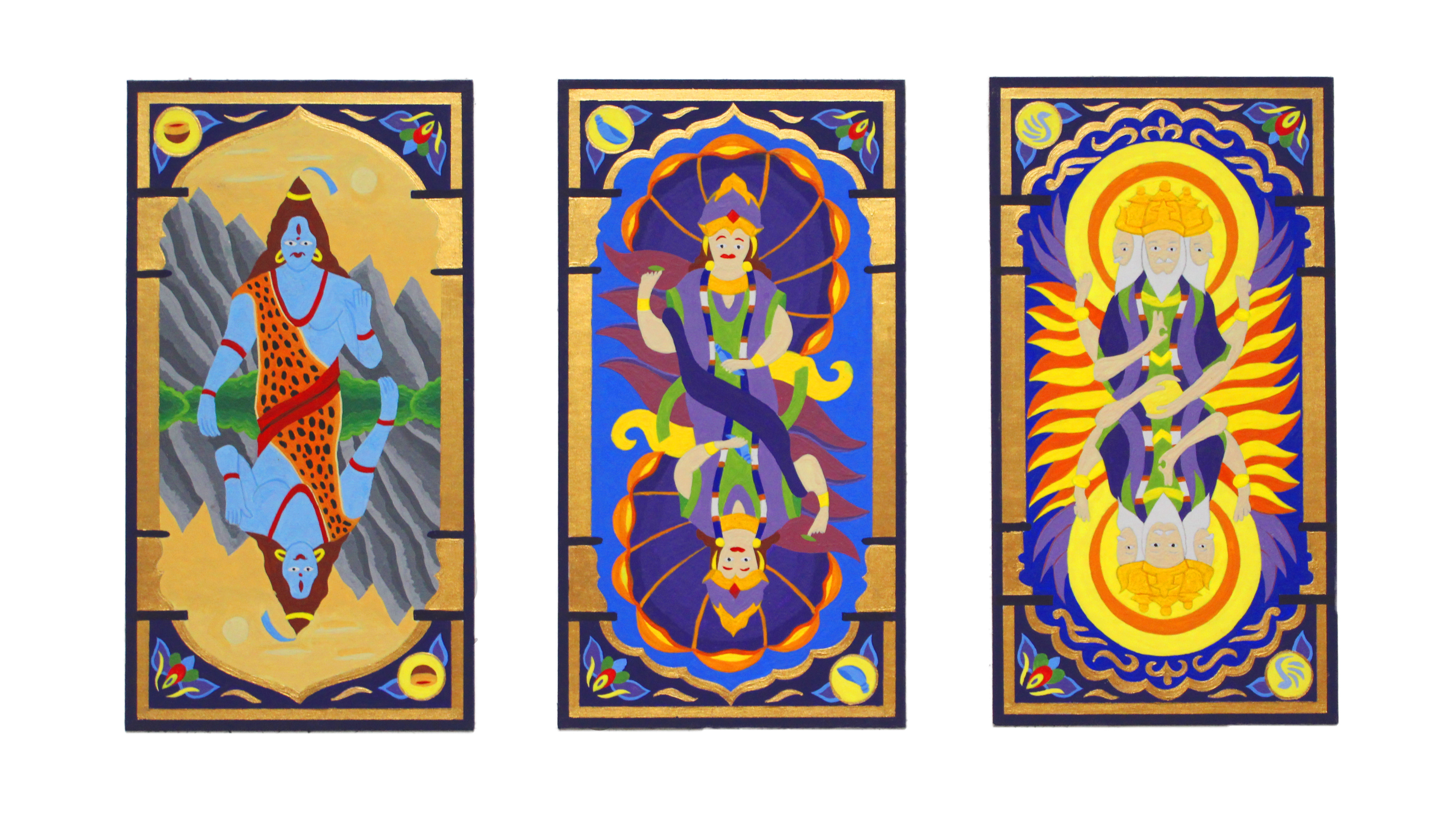 Hindu Trinity Cards (Jack, Queen, King). Designed after the Hindu culture and Gods (Shiva, Vishnu, Brahma). Gouache on illustration board.