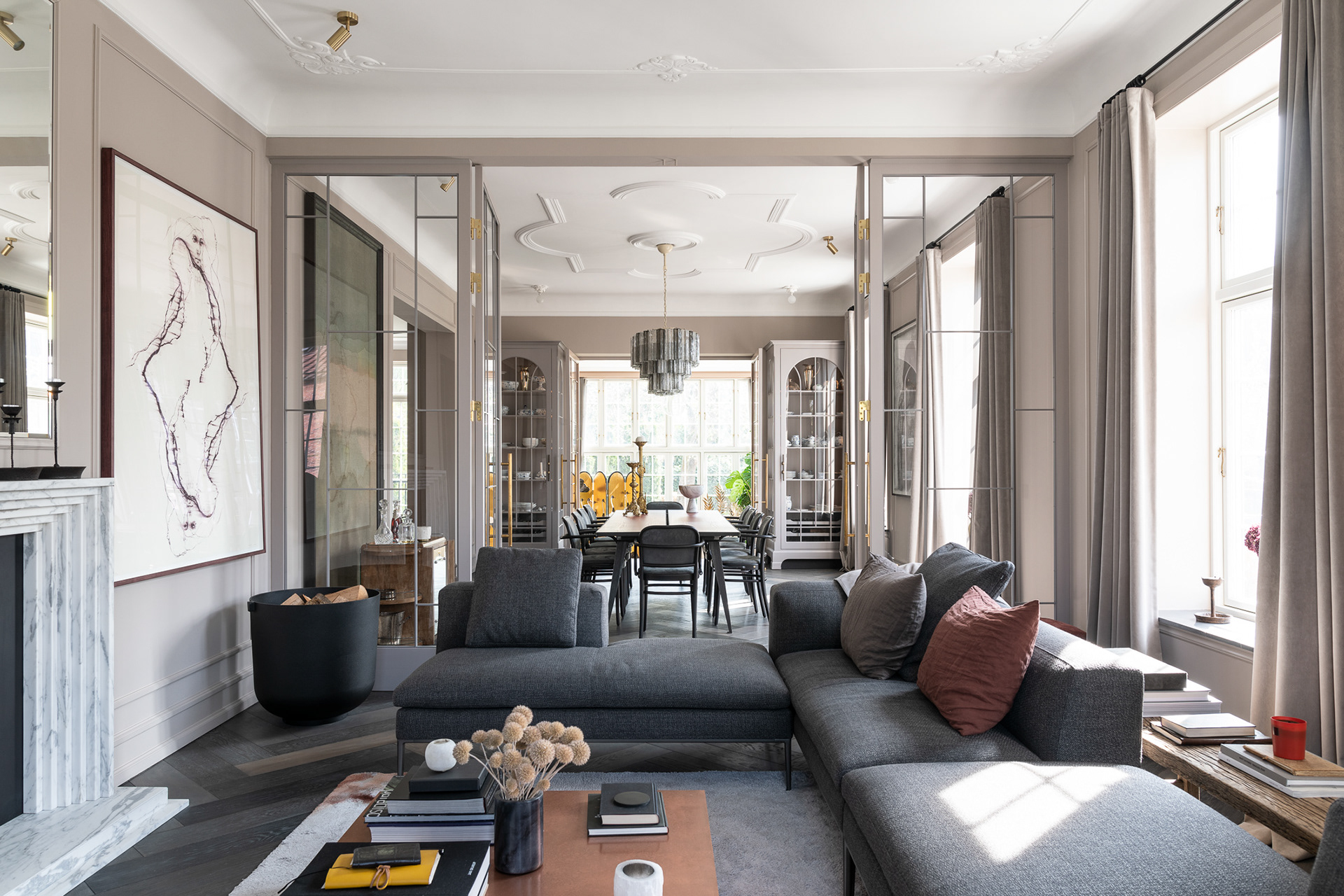 View through living rooms - Suite 07, renovated villa in Copenhagen, Denmark. Photographer Martin Kaufmann