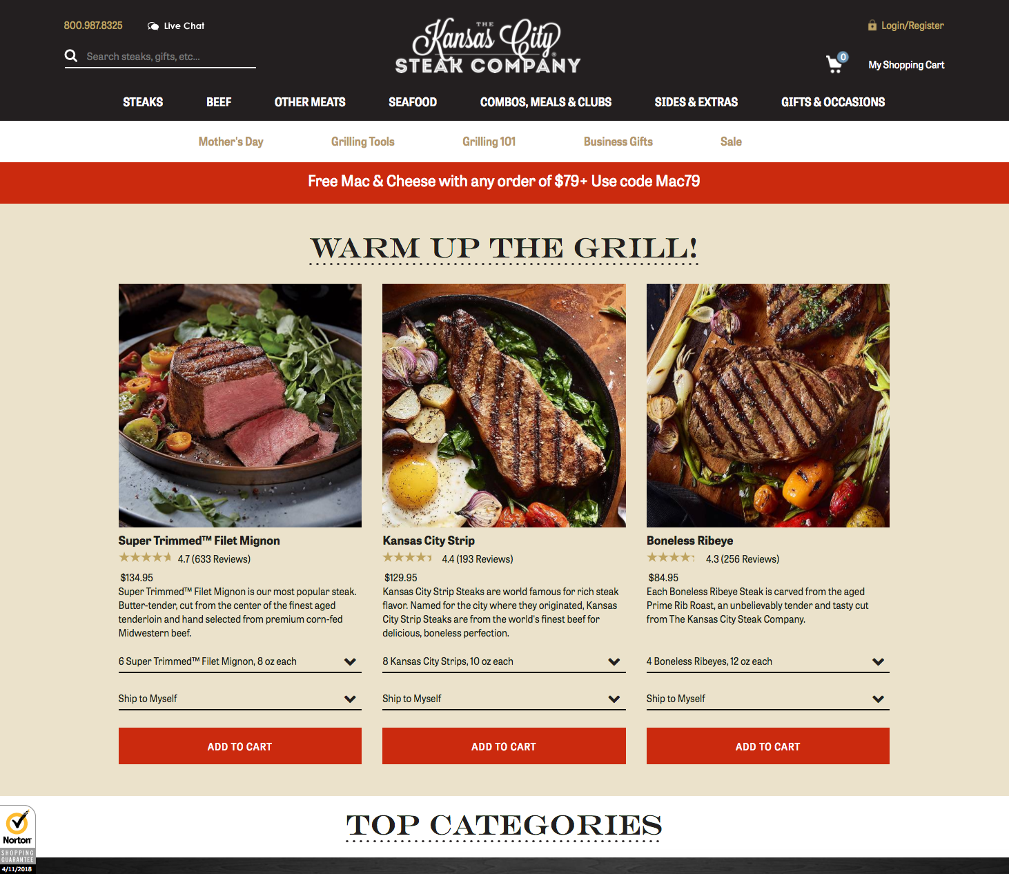 KC Steaks website redesigned home page showing how easy selecting products and purchasing can be. Created by Blue Acorn with Eric Schotland