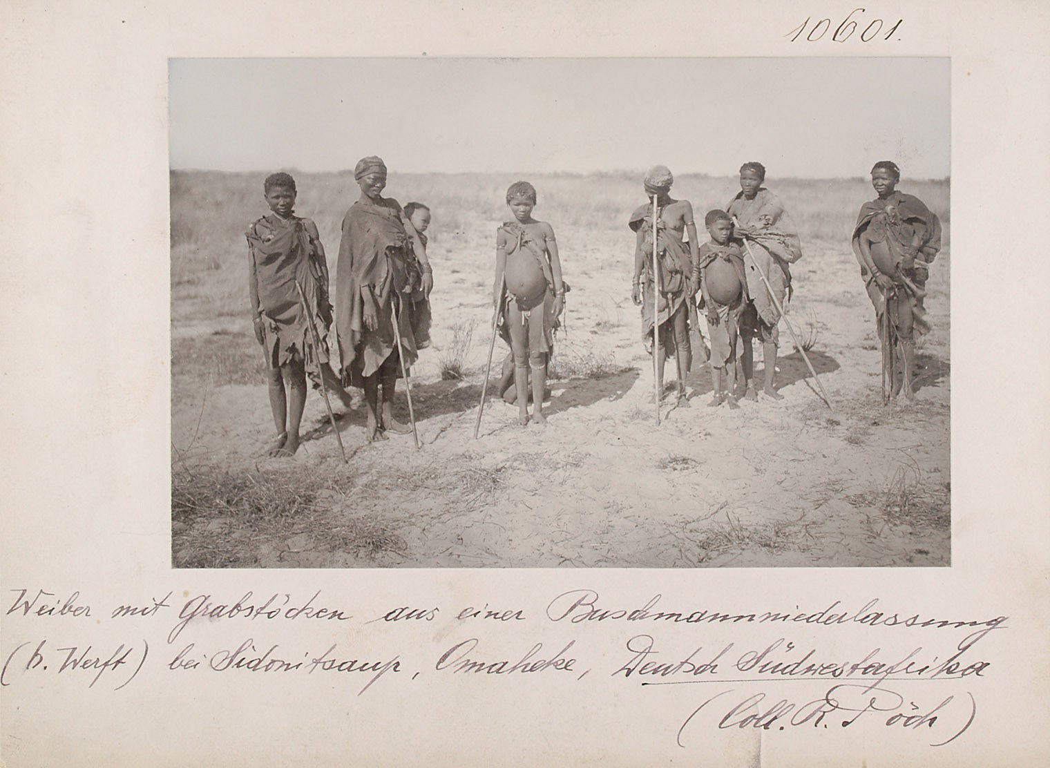 Women with digging sticks from a San settlement (6th wharf) near Sidonitsaup, Omaheke, German South-West Africa. (Collection Rudolf Pöch) Vienna World Museum, Photo10.601