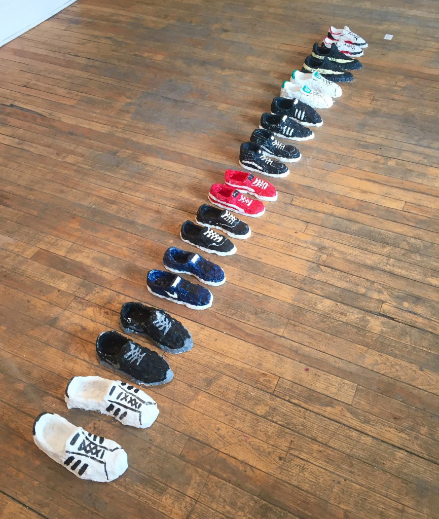 “If He Has More Than 10 Pairs Of Sneakers He’s A Fuckboy” 9ft x 1ft, Acrylic, ink, newspaper and plaster, 2017
