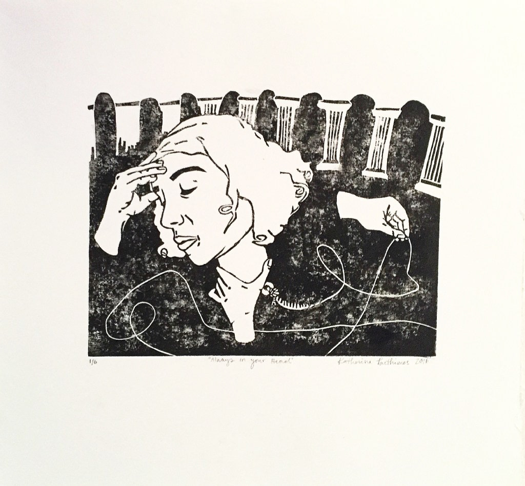 “Always In Your Head” Approx. 14″ x 11″, Linocut print on paper, 1/2, 2016