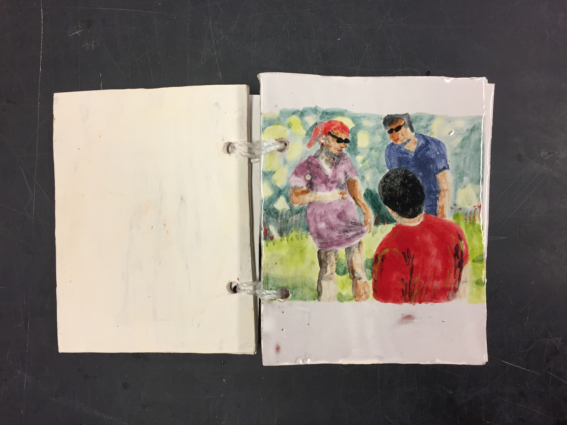 The Newest Testament” Approx. 9″ page length, 8 pages, Terracotta, Majolica Stain, Plastic rope, 2019