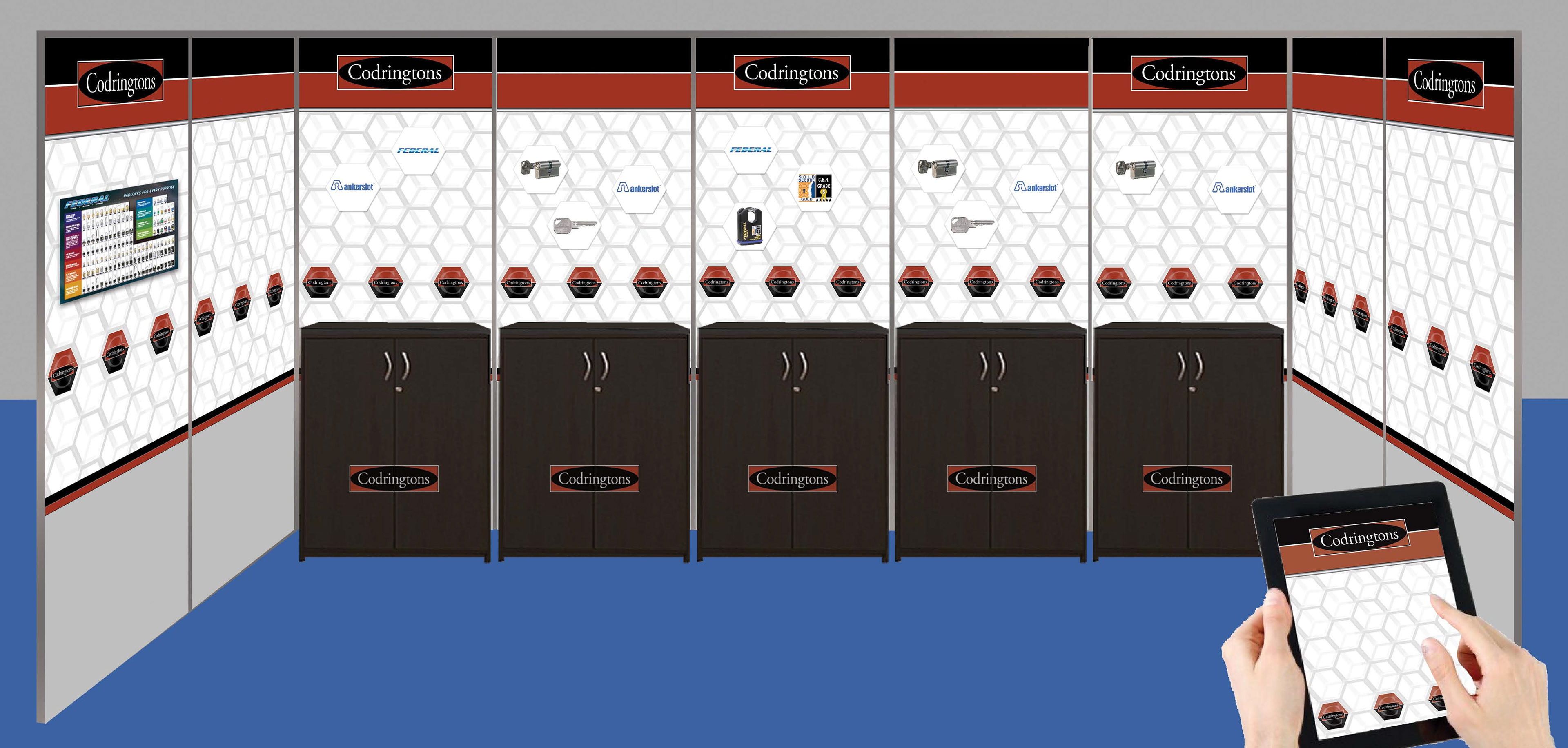 Modular system, with in-house printed content, matching iPads for sales reps, mock-up