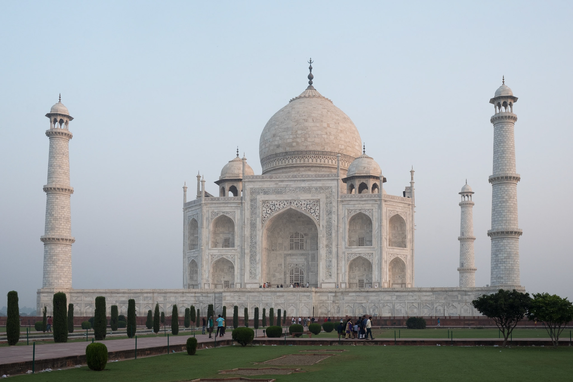 Taj Mahal at sunrise, only three minarets visible