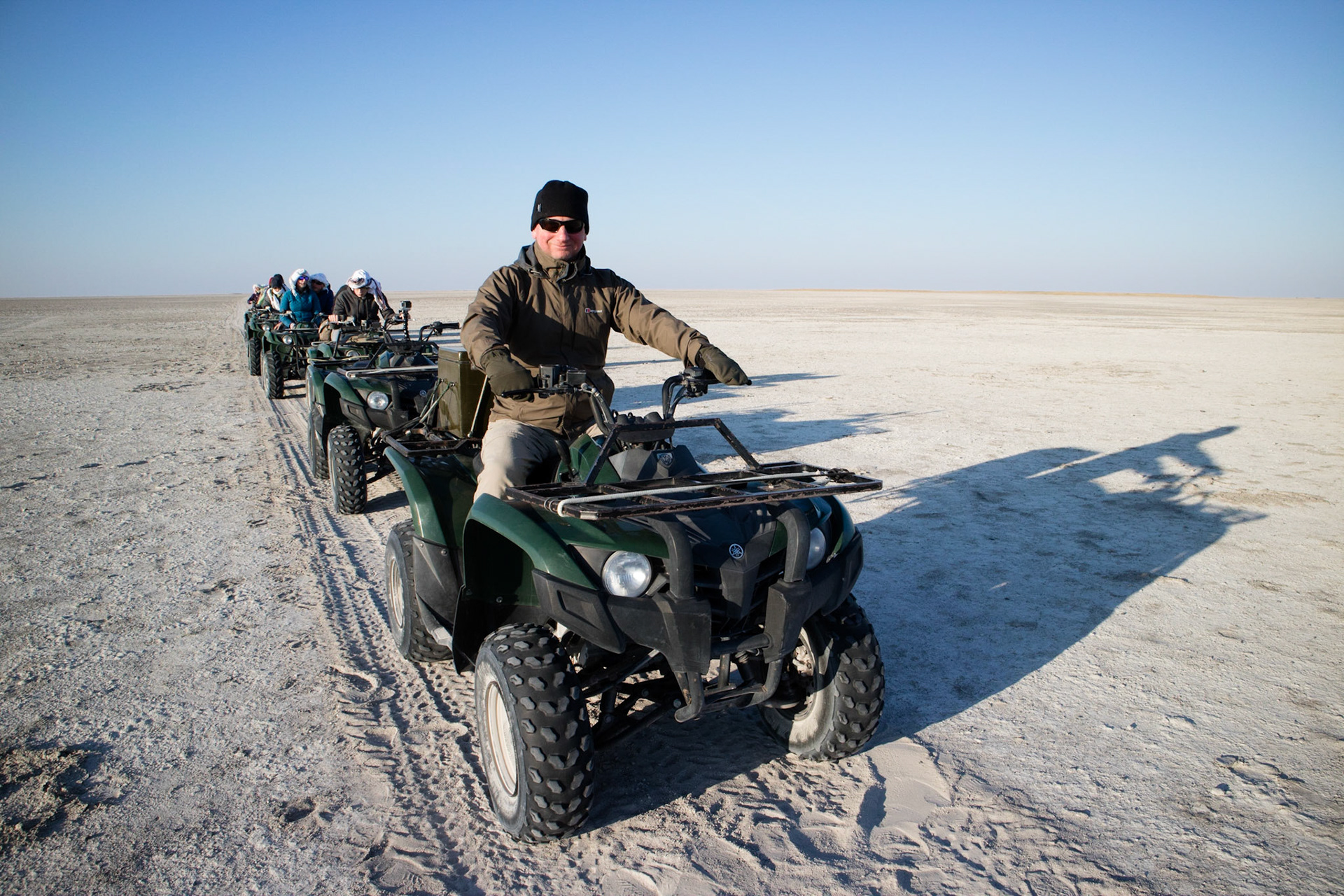 Alex leading the way, quad biking on the Makgadikgadi salt pan
