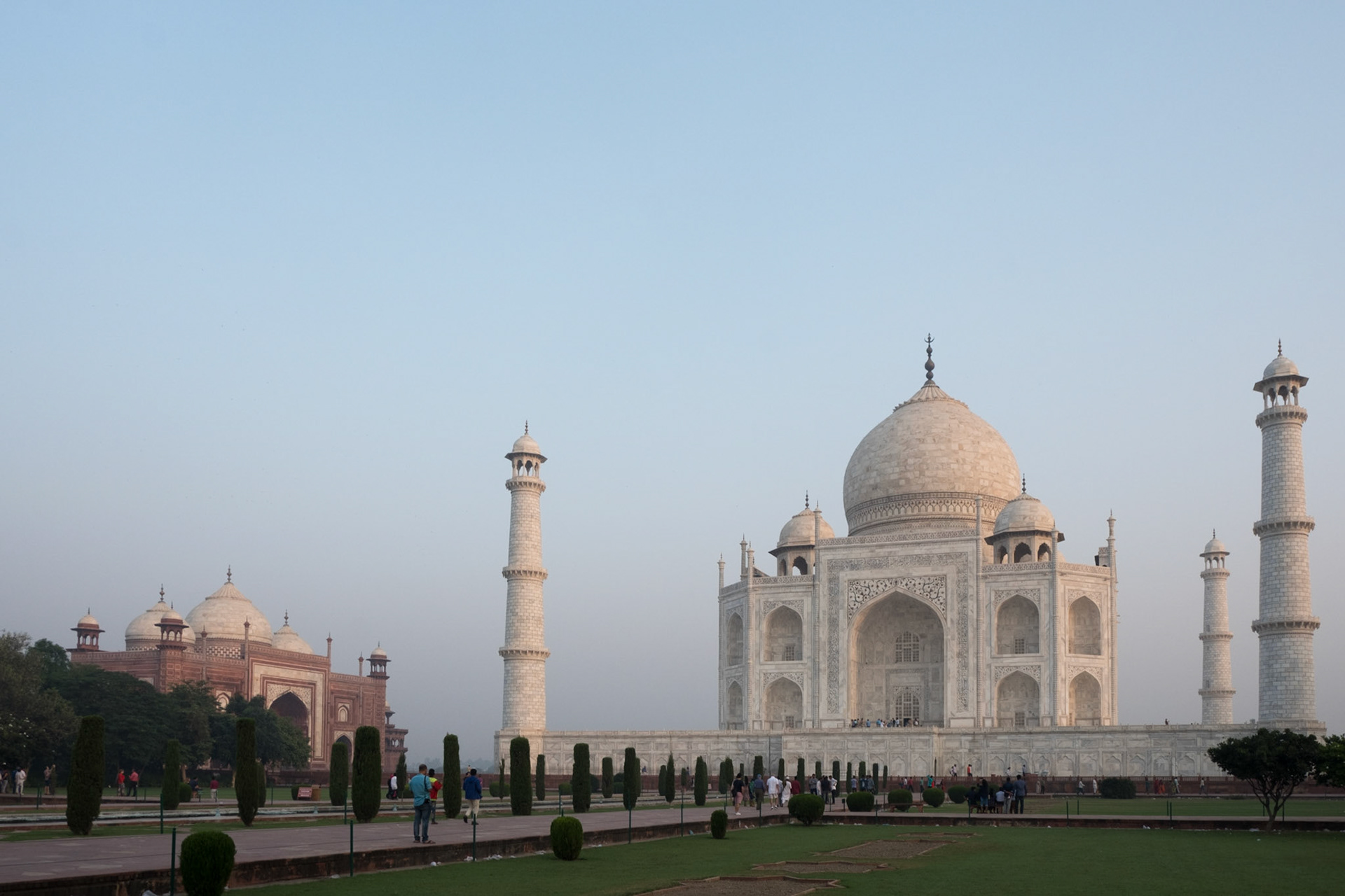 Taj Mahal at sunrise, only three minarets visible