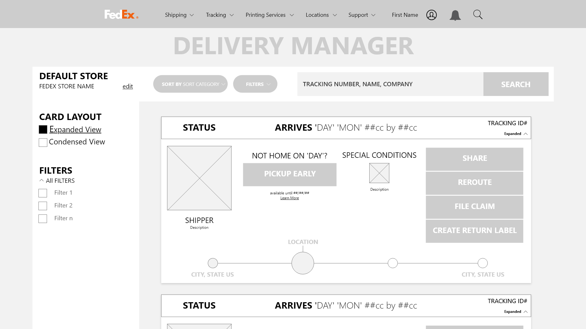 Wireframe of new page for managing deliveries