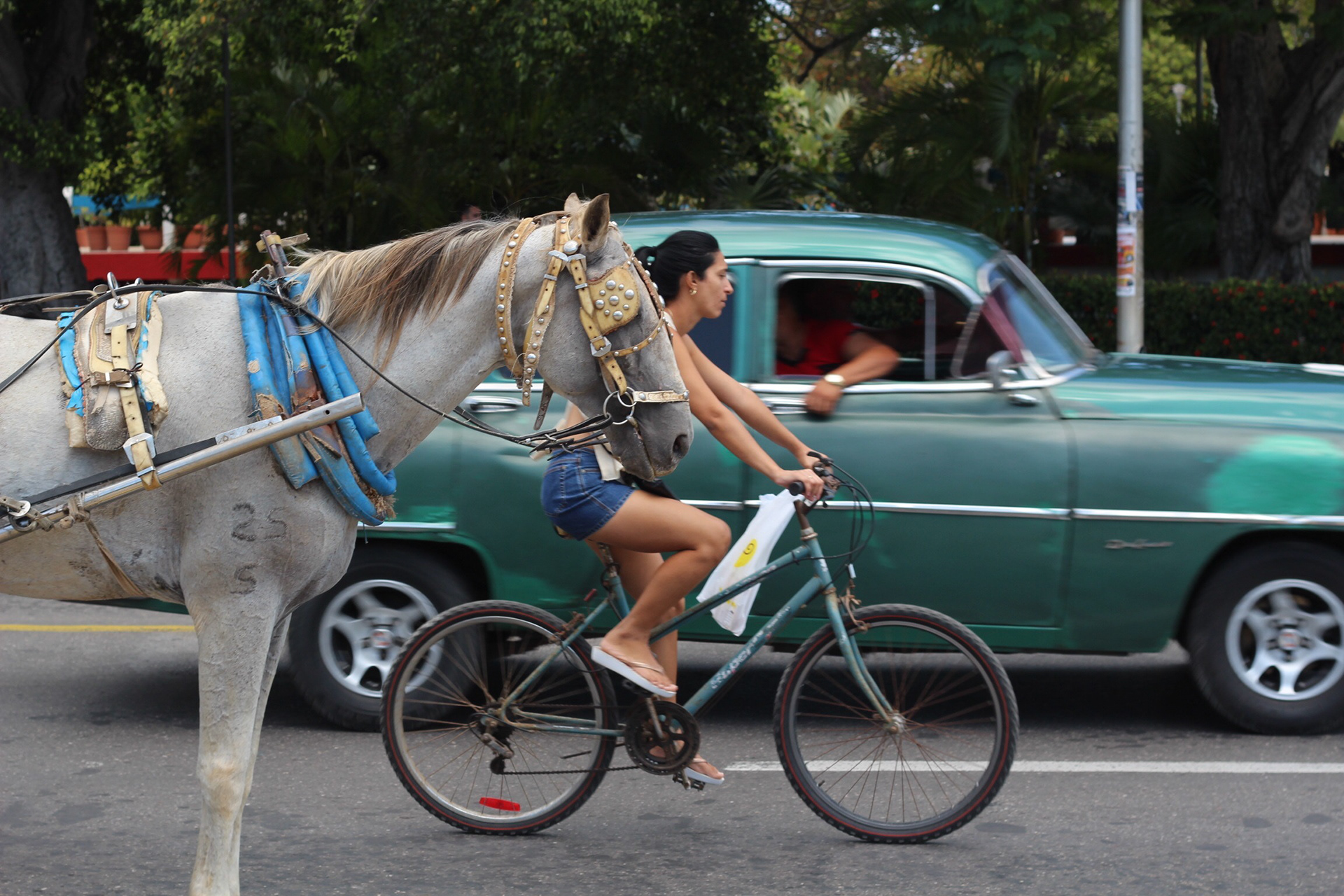 Photo of a horse, cyclist, and car driving by in Cuba