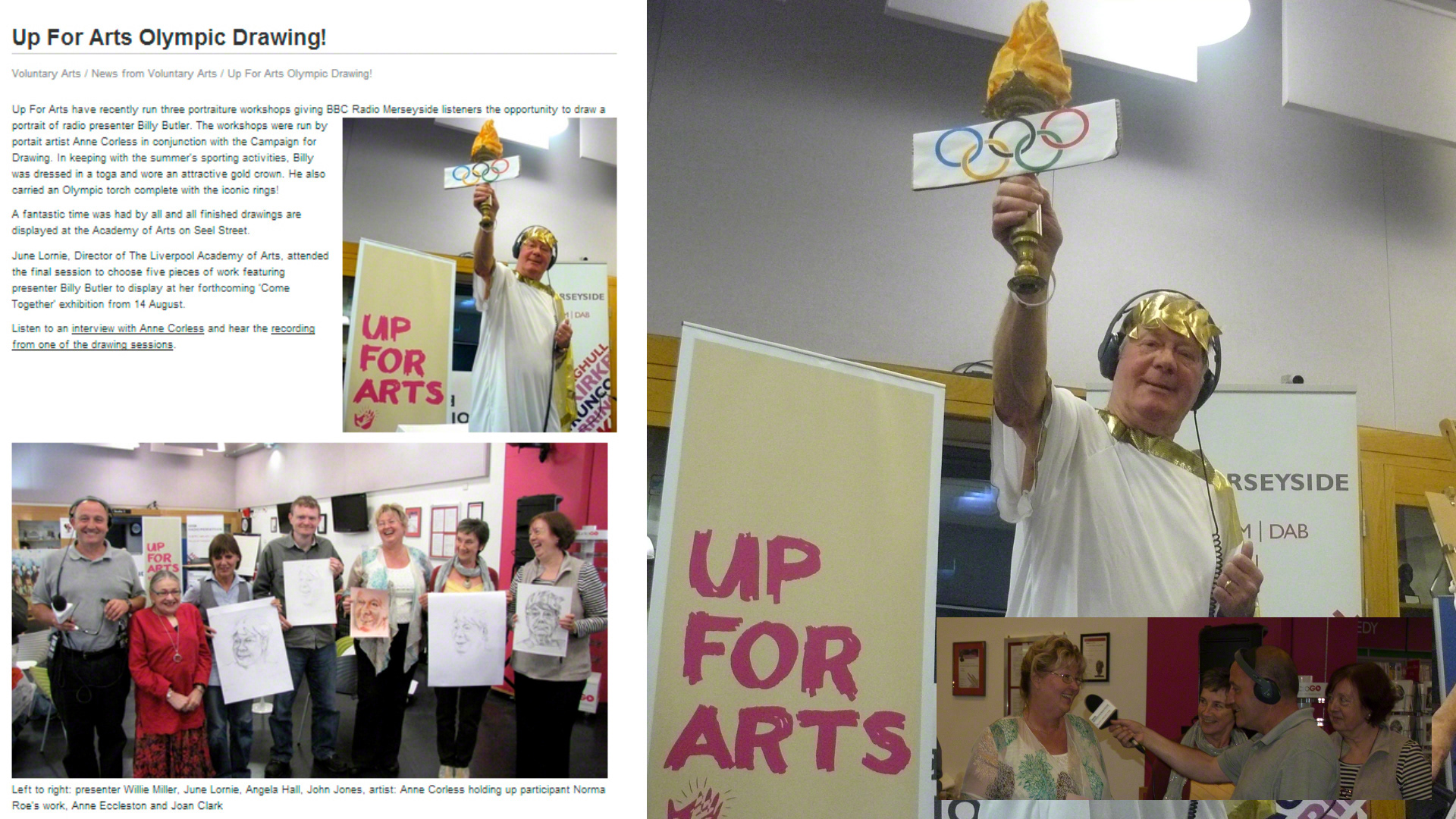 Anne Corless led portrait art workshops with model BBC Presenter at BBC Radio Merseyside! (Anne is seen here holding a workshop attendees drawing). 2013.