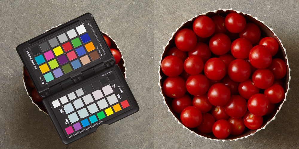XRite Color Checker Passport placed in still life of bowl of tomatoes