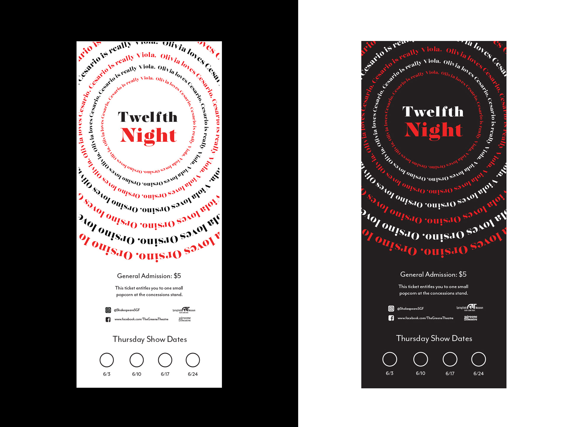 Ticket Designs for “Shakespeare in the Park”