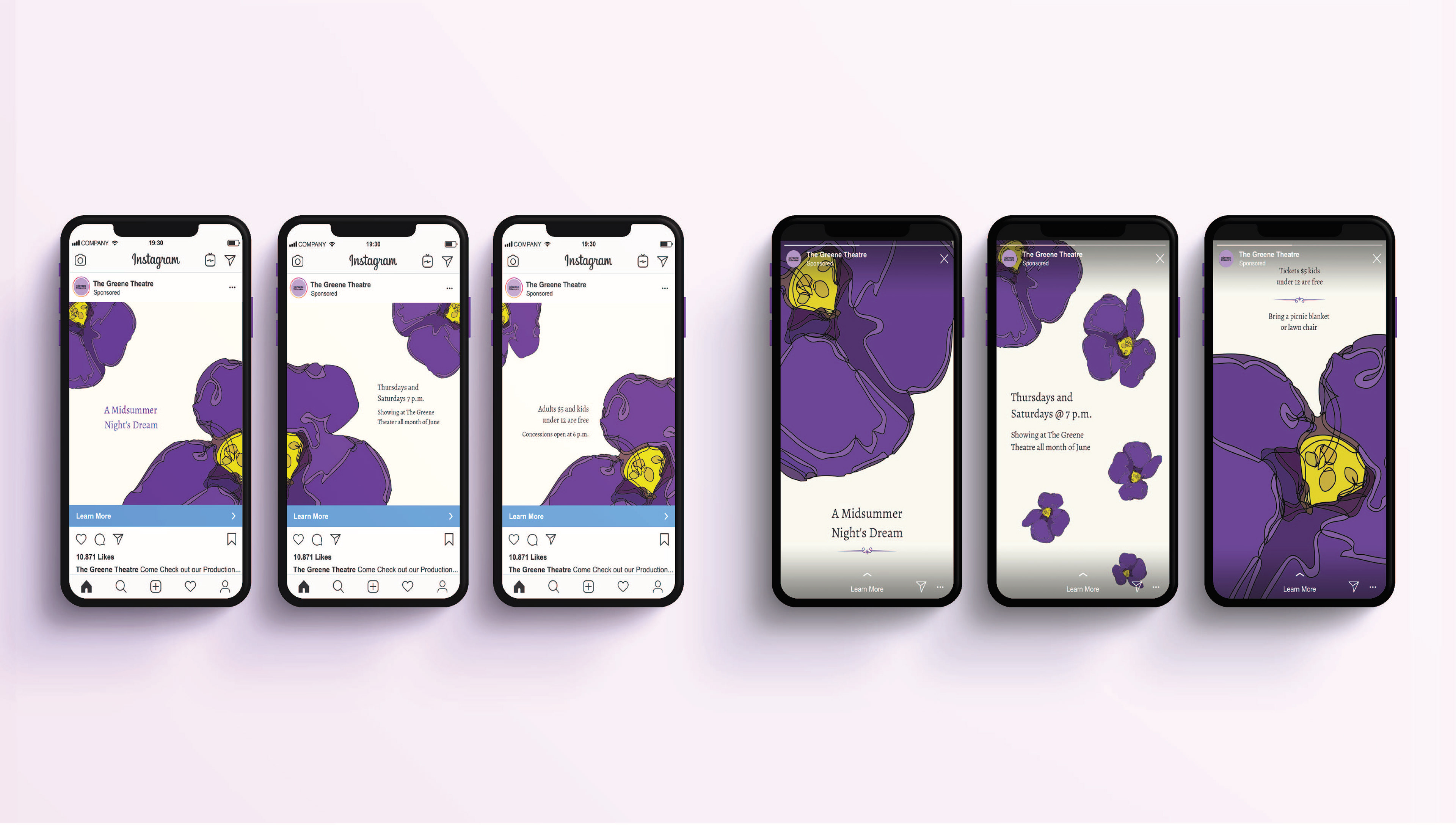 Instagram Carousel Design (left) and Instagram Story Design (right) for "A Midsummer Night's Dream"
