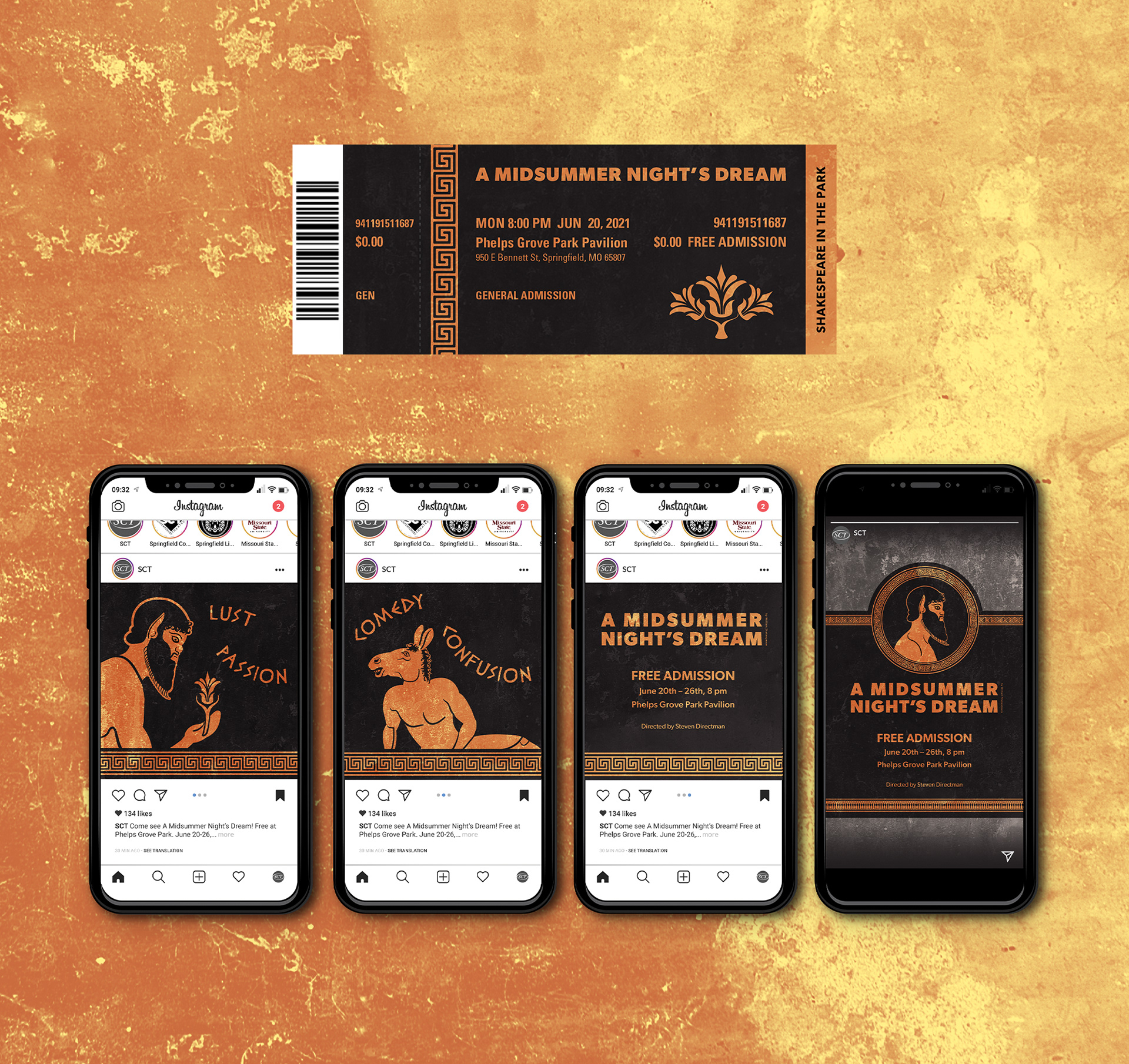 Ticket Design (top) and Social Media Advertising Design (bottom) for "A Midsummer Night's Dream"