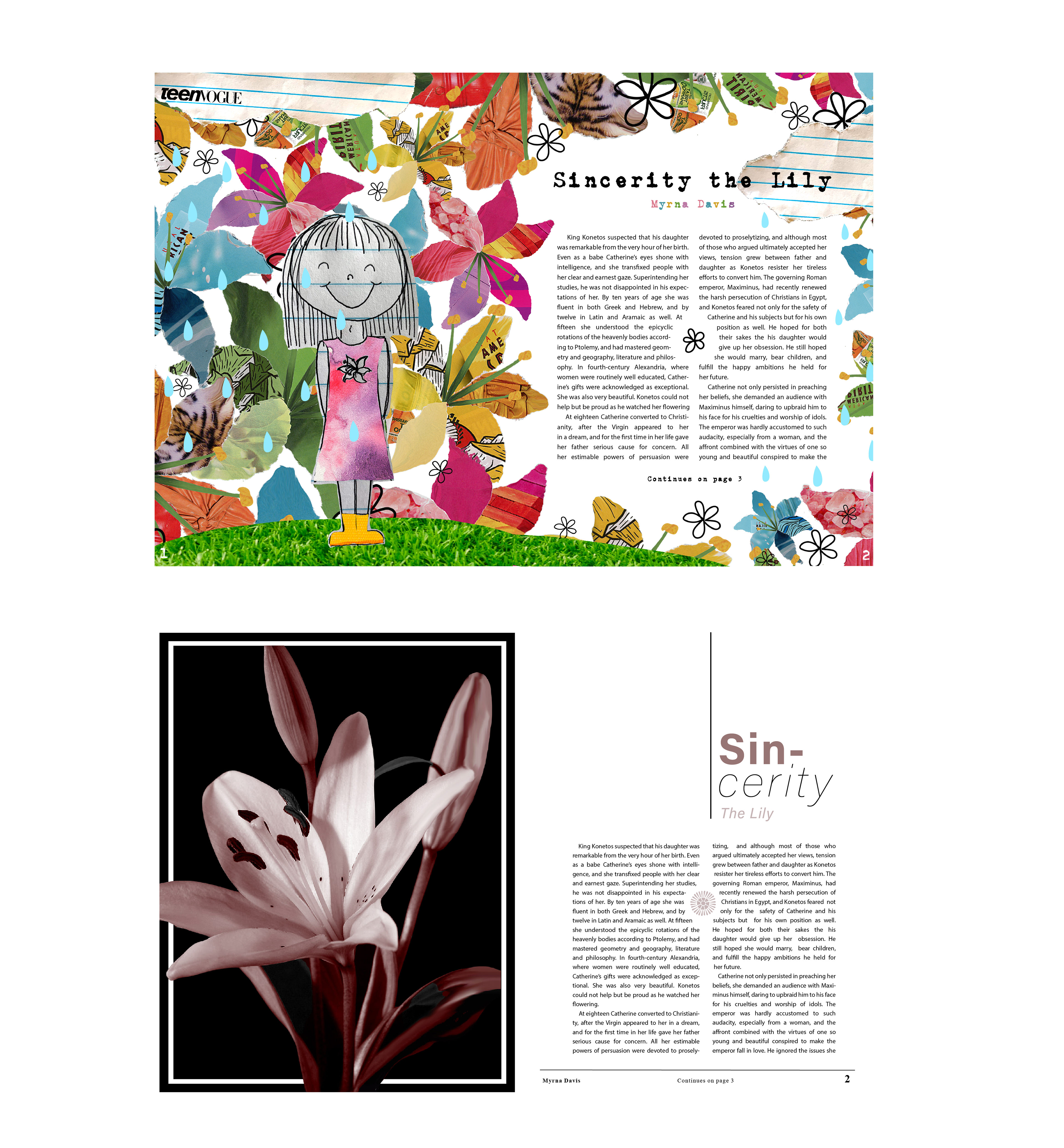 Young Adult (top) and Sophisticated (bottom) magazine spreads for "Sincerity: The Lily" by Myrna Davis.