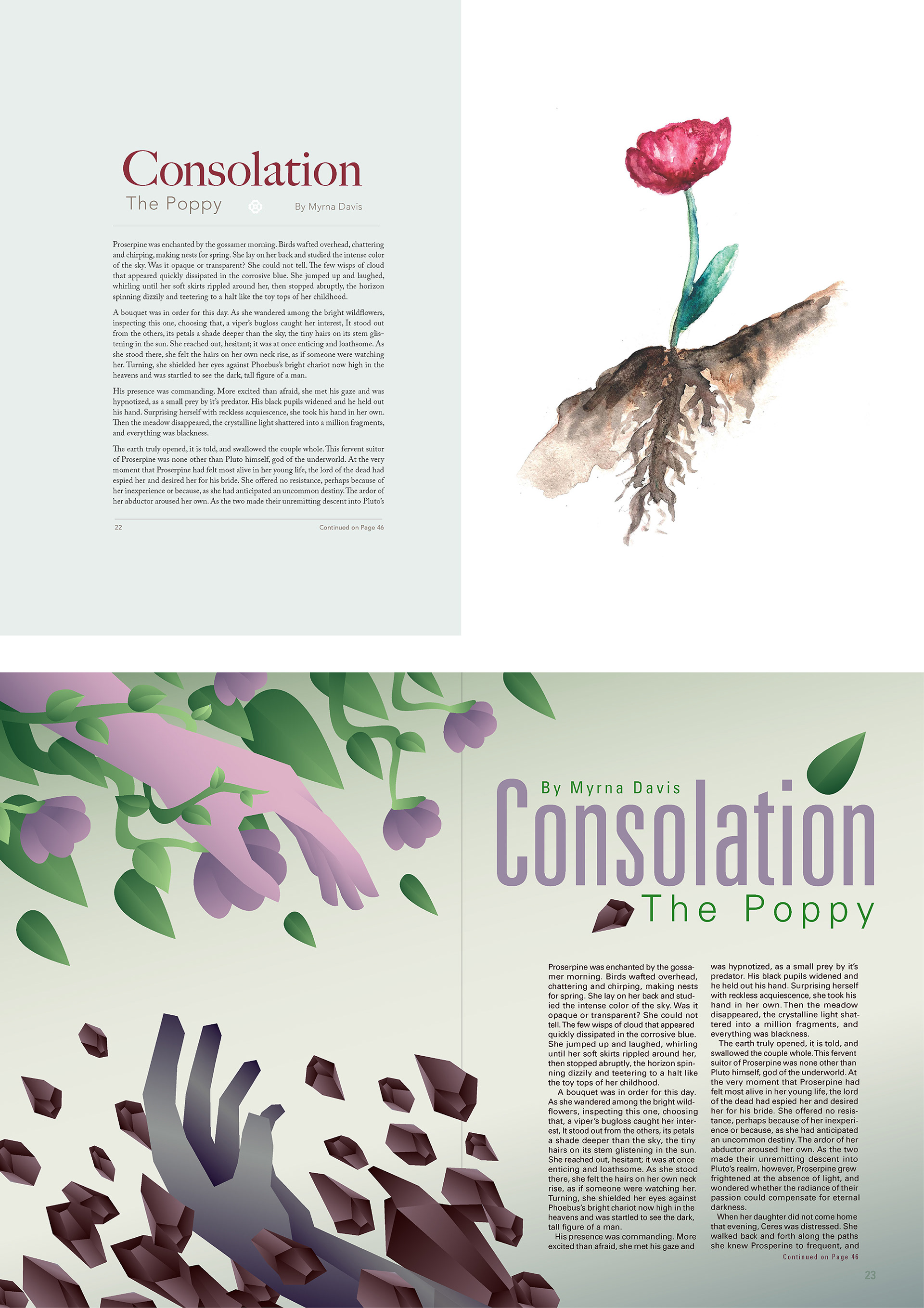 Magazine spread designs of "Consolation: The Poppy", by Myrna Davis.