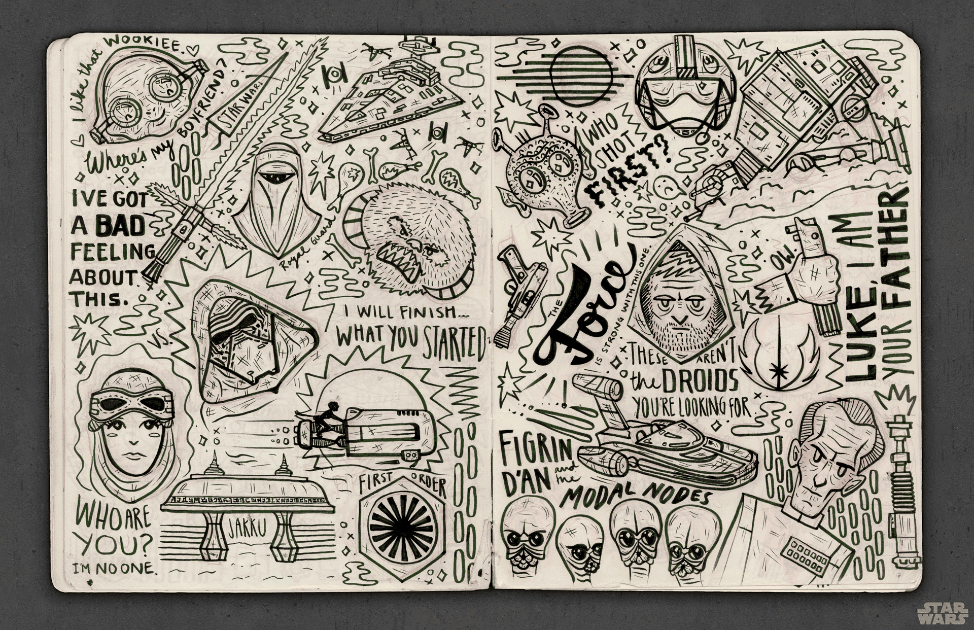 Above: Initial drawings for each major brand represented, including: Star Wars, Marvel, Star Trek, DC, Harry Potter, etc.