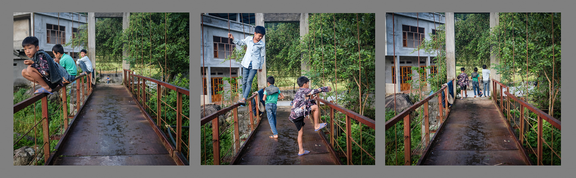 A series of three boys playing in the countryside, Nam Sai Village, Vietnam 2019