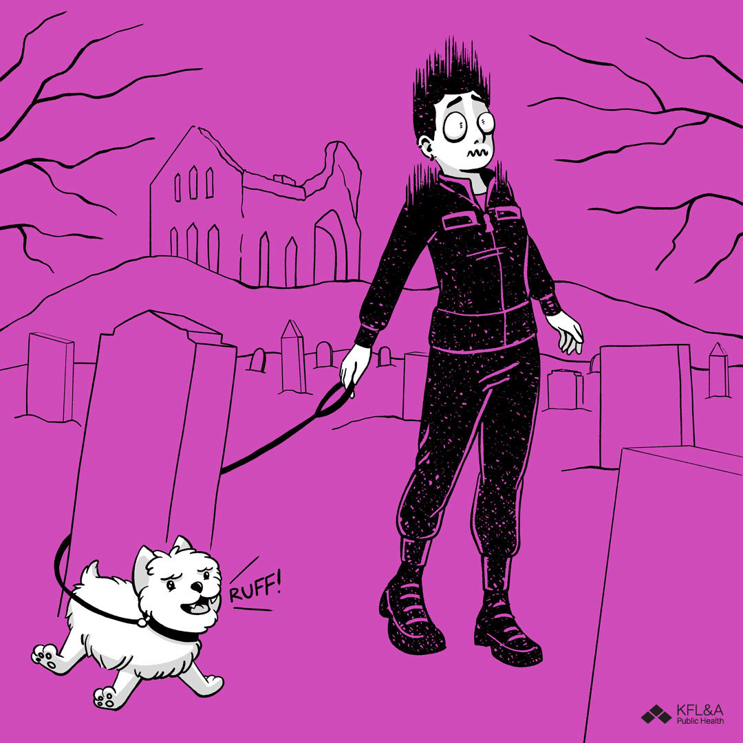 Instead of going to a party, take a walk through a graveyard with your dog