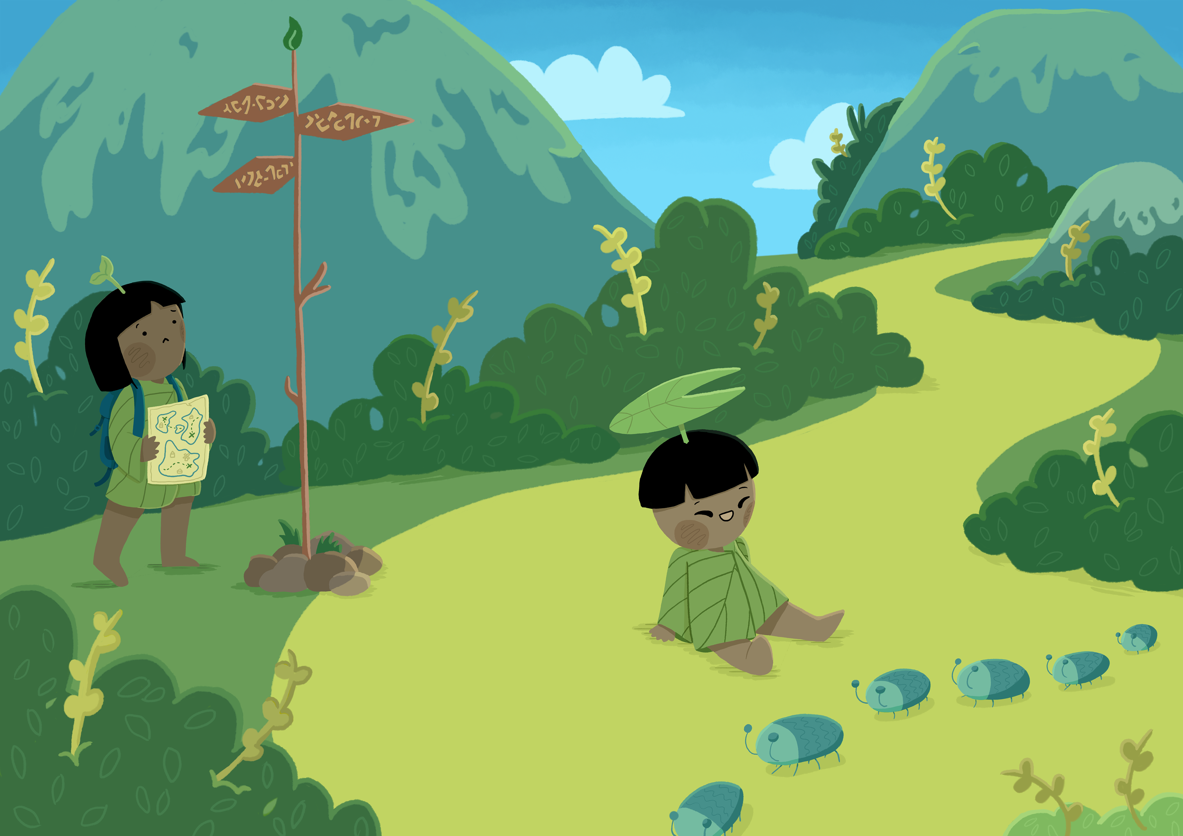 My illustration of two children on an adventure trail