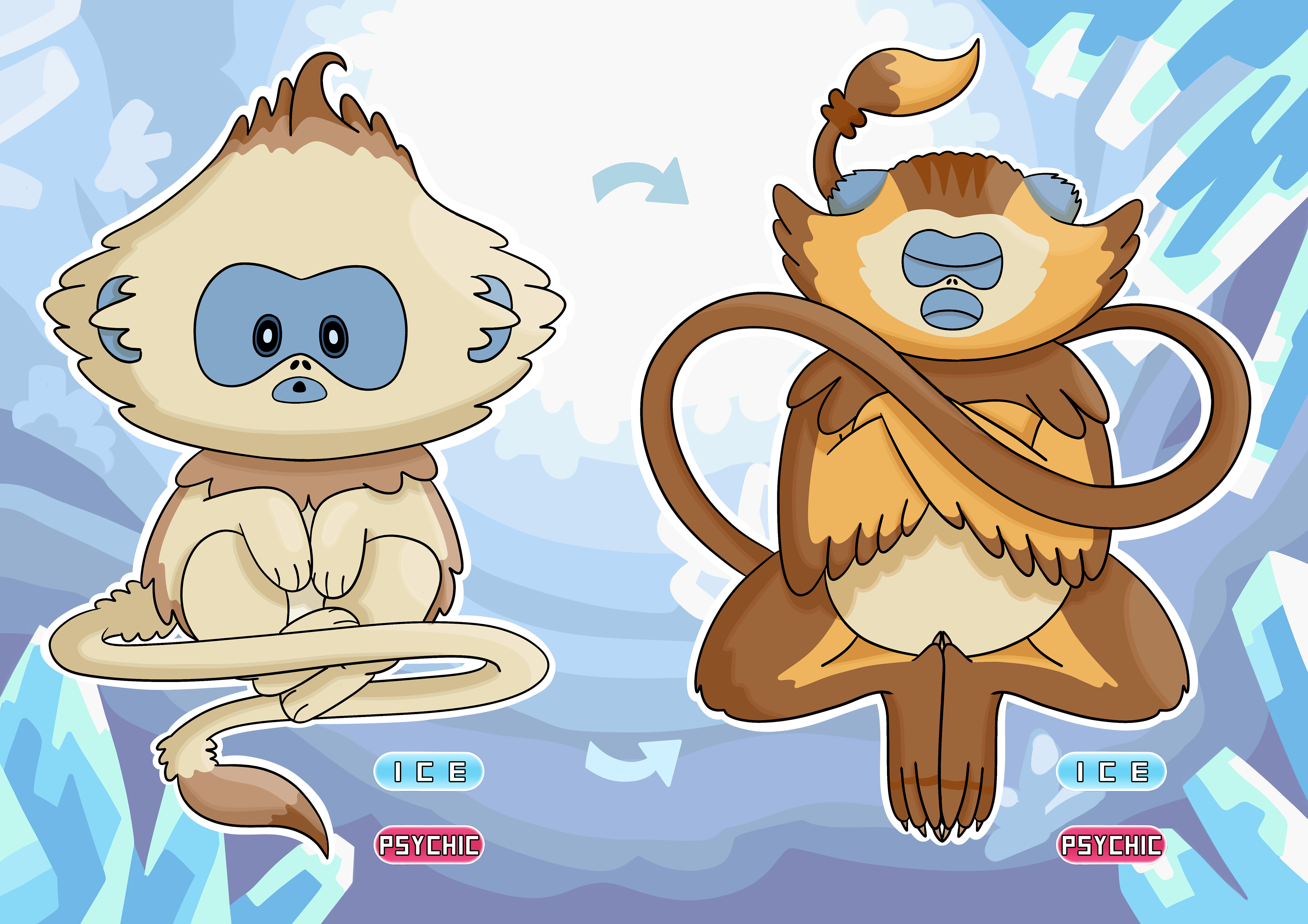 These are my original pokemon designs based on the blue-faced snub-nosed monkeys from China
