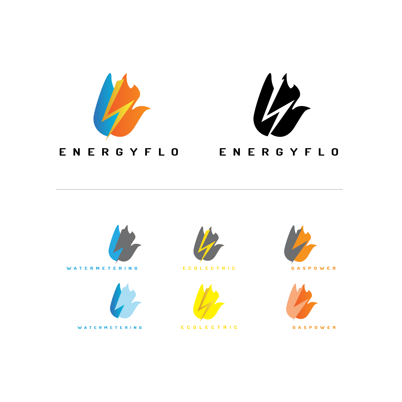 Logos for EnergyFlo, and it's three branches, Watermetering, Ecolectric, and Gaspower