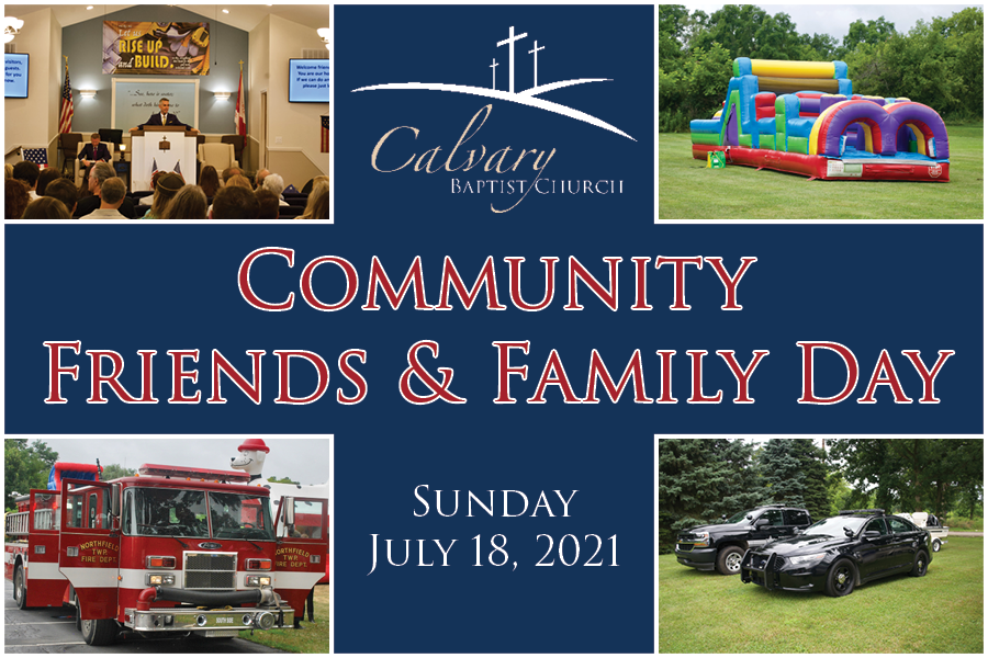 Community Friends & Family Day photo collage of fire truck, police cars, bounce house and people inside church.