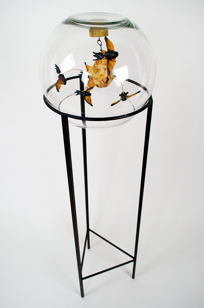 Retain, Run Riot — steel, glass bowl, paper clay, polymer clay, paint — 11" x 11" x 47" — 2019
