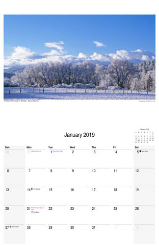 January 2019 scenic calendar, winter landscape photograph