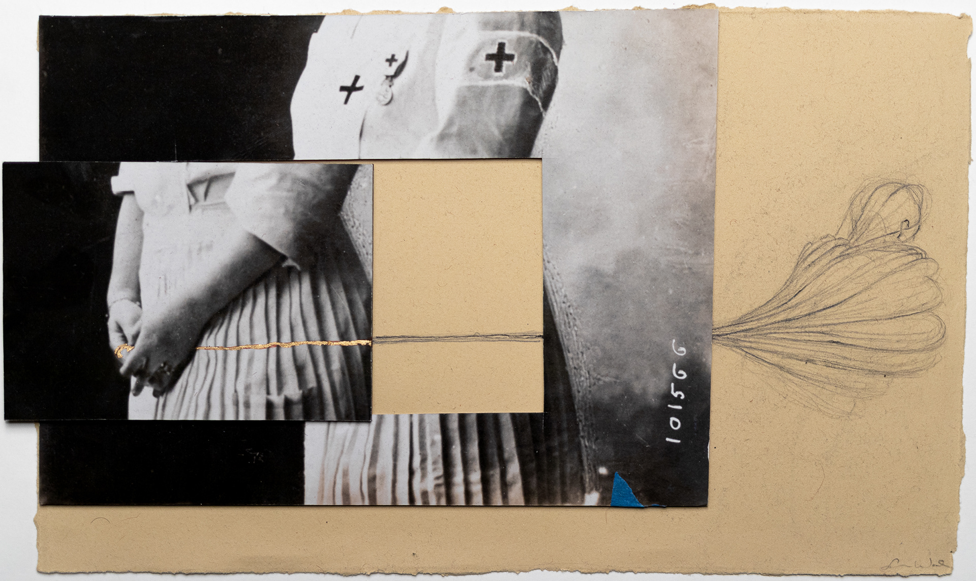 Self-Reflection. 16" x 9.5". Gold leaf, pencil, collage.