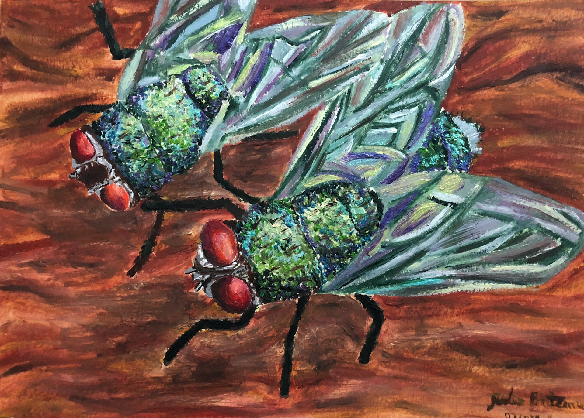 Green Bottle Flys from a London garden Oil on Paper 2018