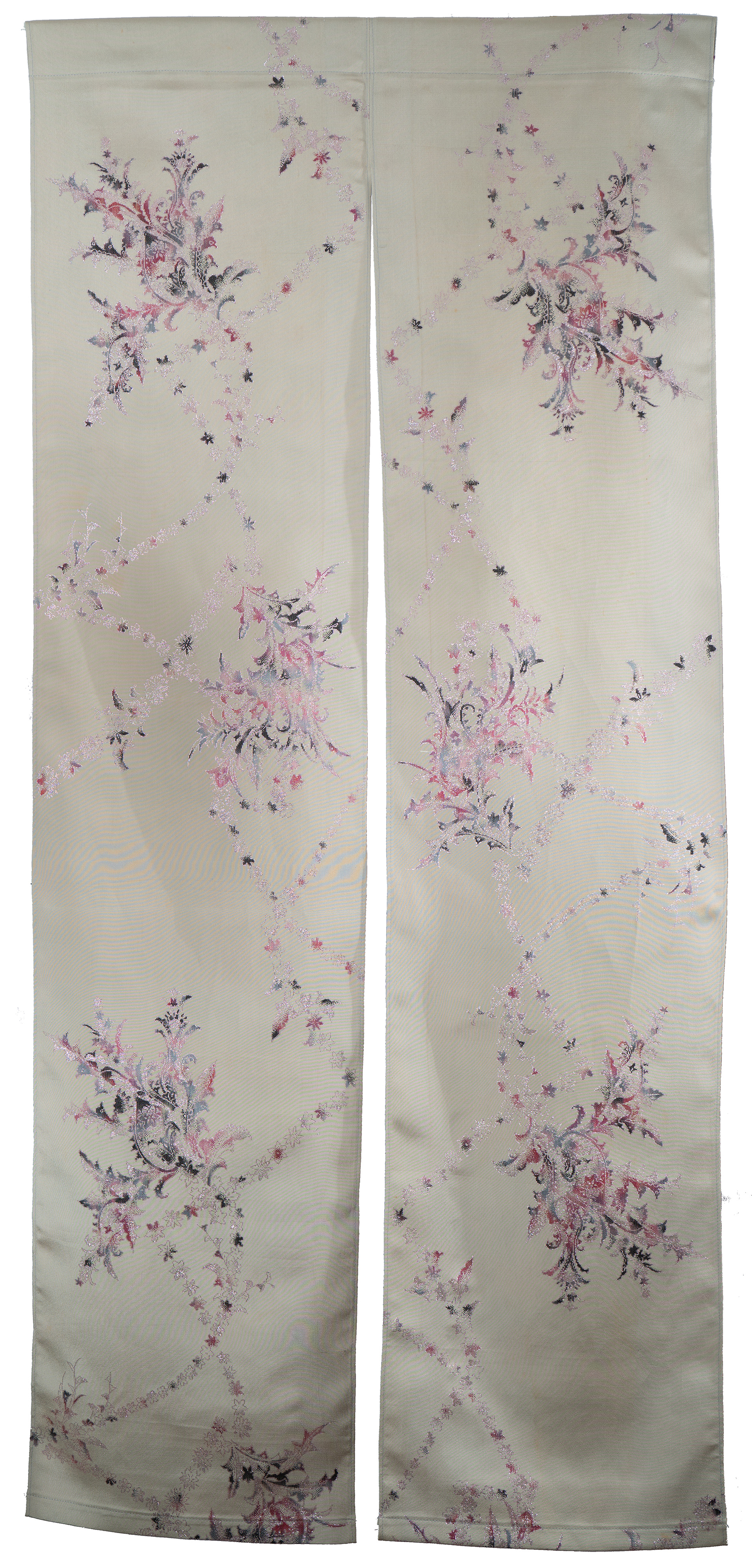 Upcycled Kimono Noren - Silk with Glittery Pink Flowers